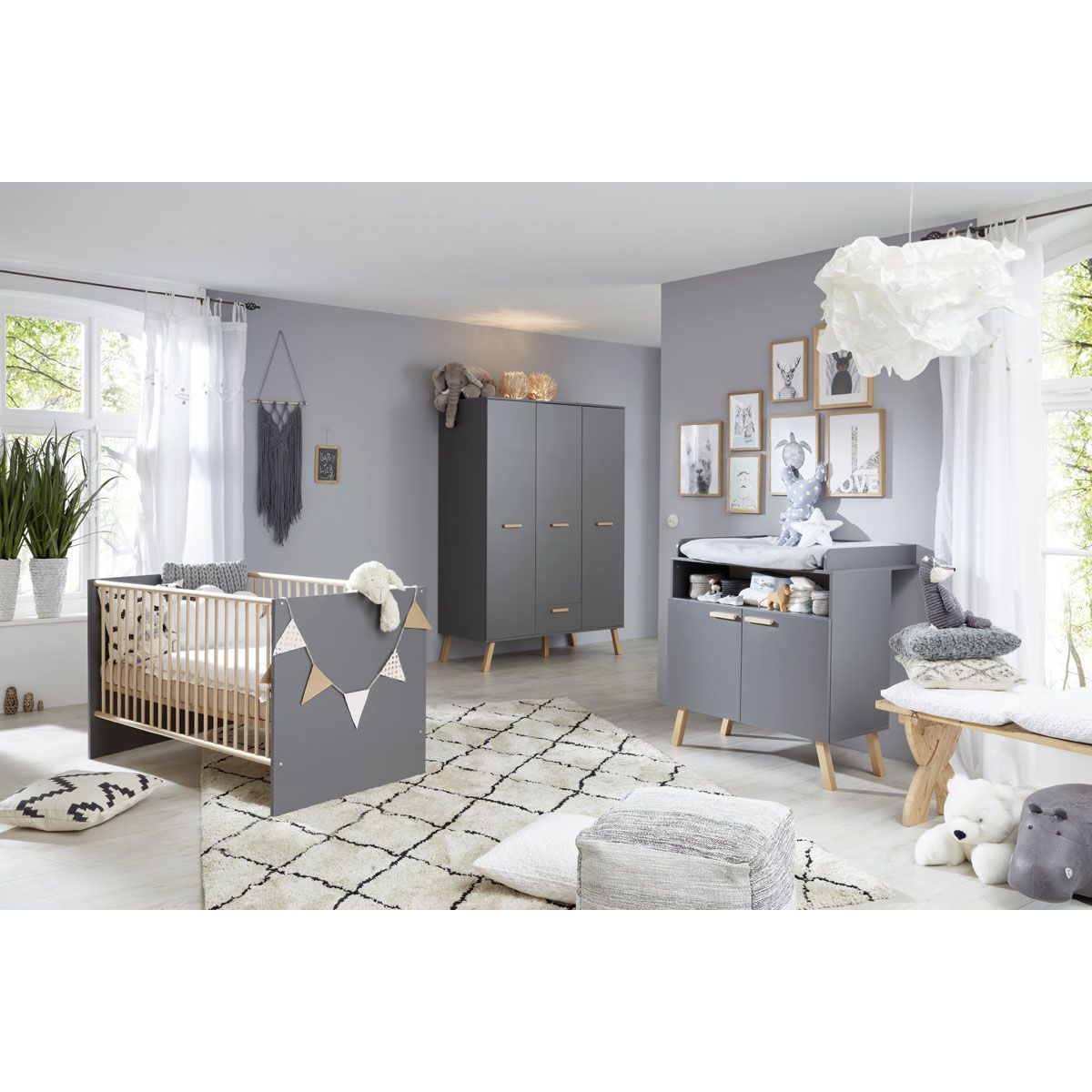trendteam Mats Babyzimmer 3-türiger Schrank 3-teilig Grau Melamin