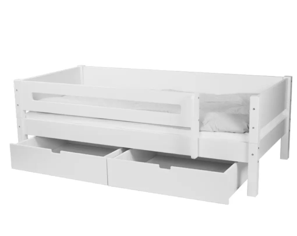 Manis-h Einzelbett MIMER 90x200 cm Pfosten Buche Absturzsicherung & Schubkästen - 22 Farben wählbar