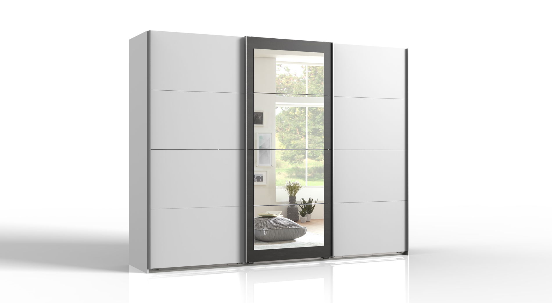 Wimex Minden Schwebetürenschrank 270 cm 4 Spiegelfelder Weiß/Raw steel