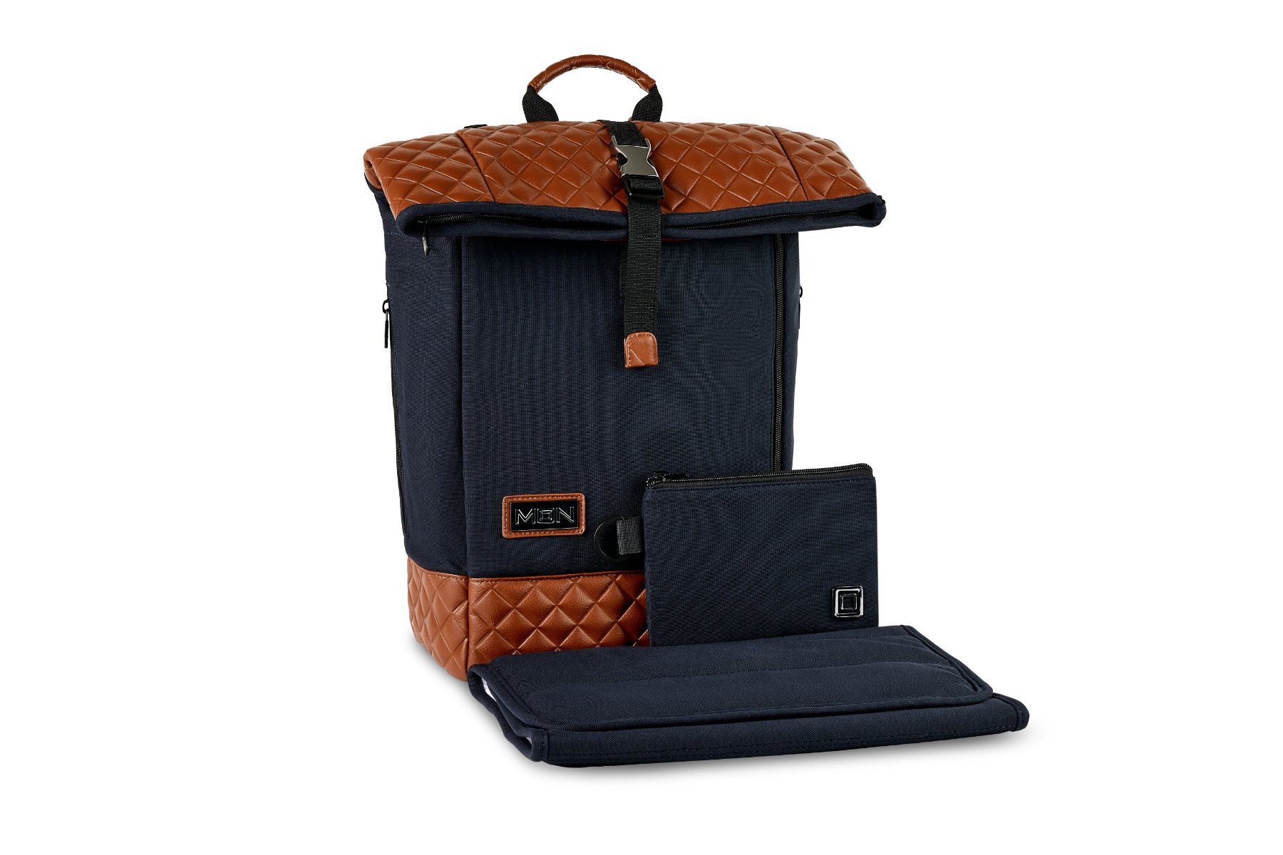 Moon Premium Rolltop Rucksack navy mit Wickelauflage, Geldtasche & Befestigungssystem