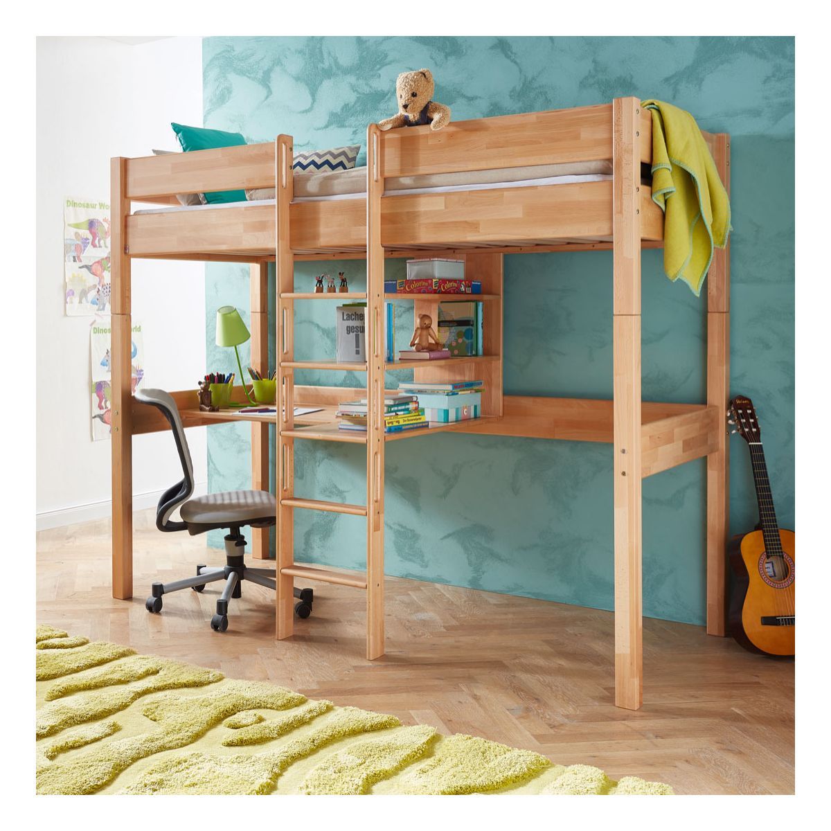 Relita NOEL Hochbett Buche massiv Natur inklusive Schreibtisch, zum Einzelbett umbaubar