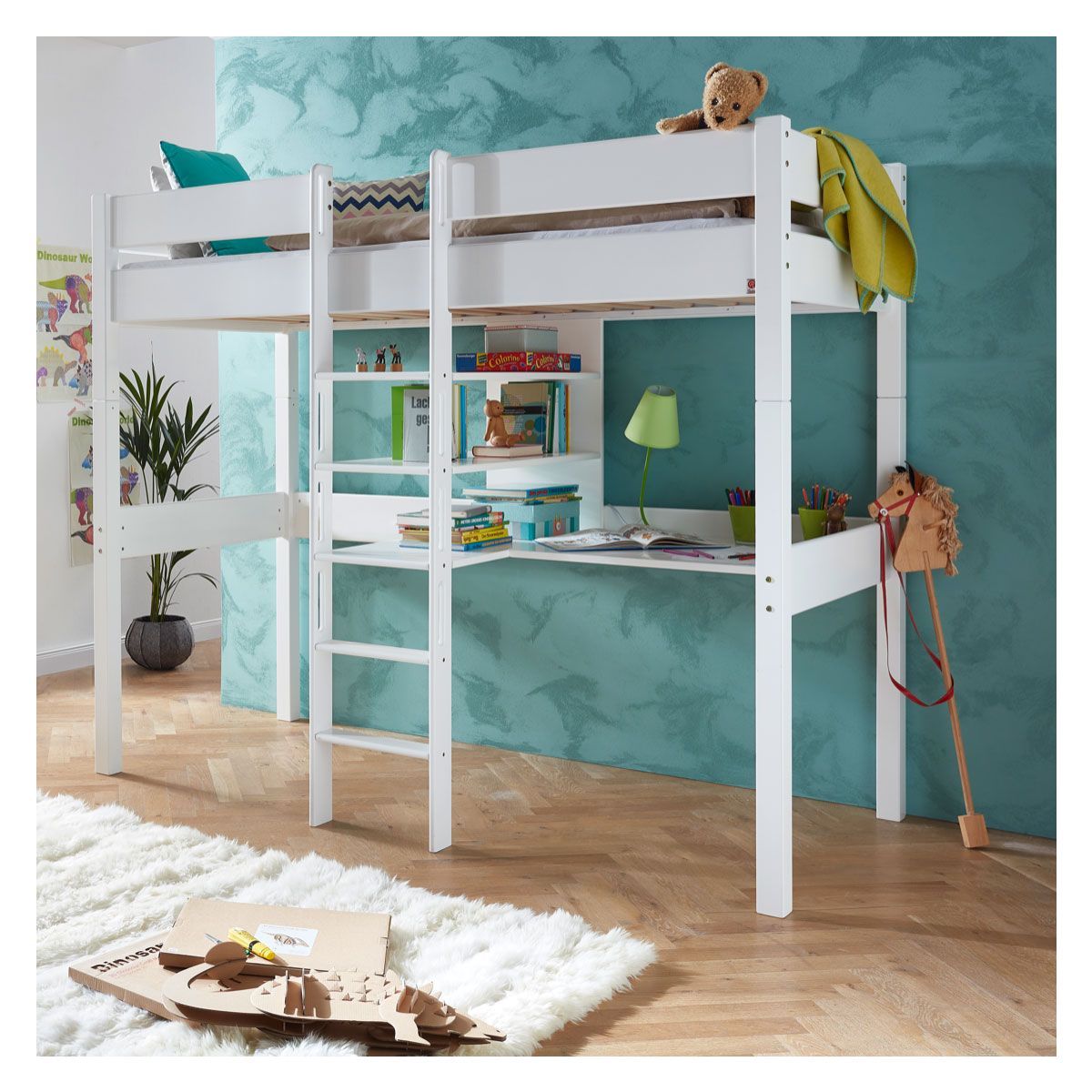 Relita NOEL Hochbett Buche massiv weiß inklusive Schreibtisch, zum Einzelbett umbaubar