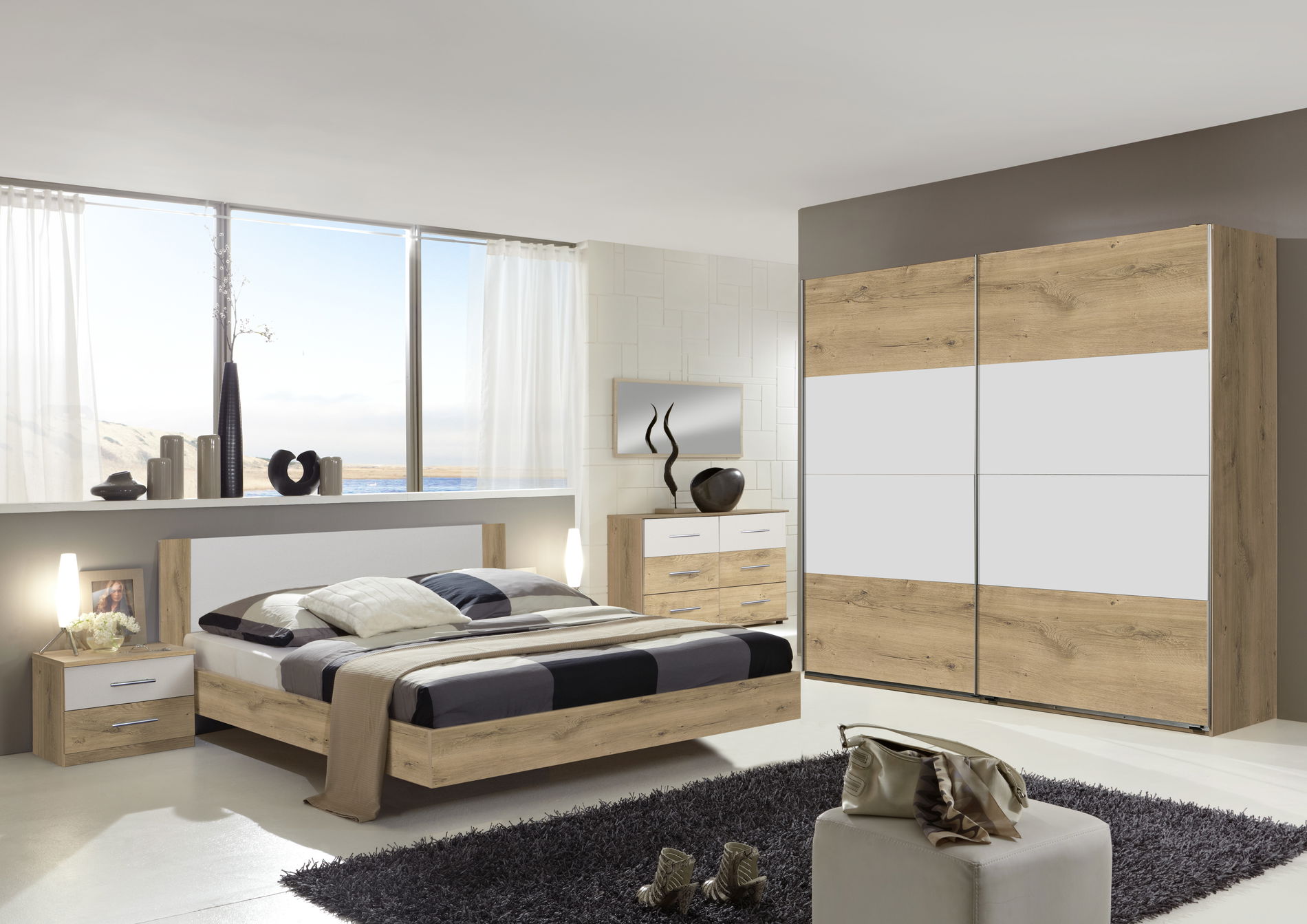 Wimex Nora Schlafzimmer mit Schwebetürenschrank Plankeneiche-Nachbildung/Weiß