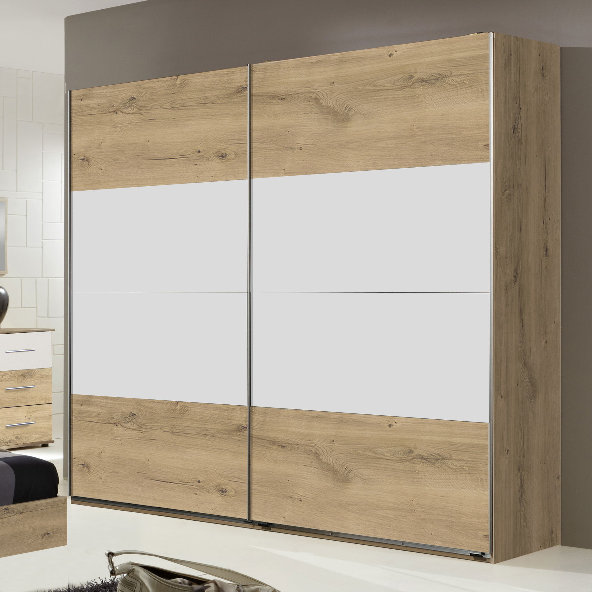 Wimex Nora Schwebetürenschrank 225 cm Plankeneiche-Nachbildung/Weiß
