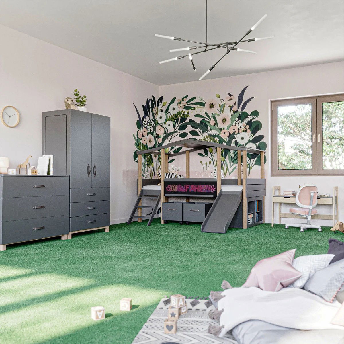 Nature Kid Cory Kinderzimmer anthrazit 8-teilig mit Hausbett 90 x 200 cm, Dach & Schreibtisch