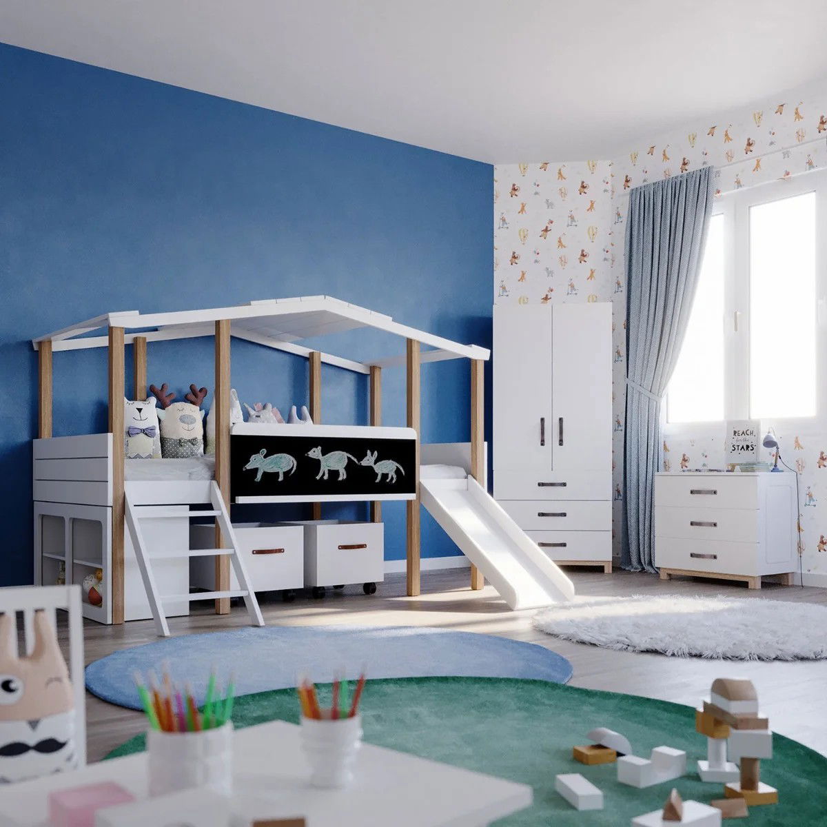 Nature Kid Cory Kinderzimmer weiß/natur 7-teilig mit Hausbett 90 x 200 cm mit Dach