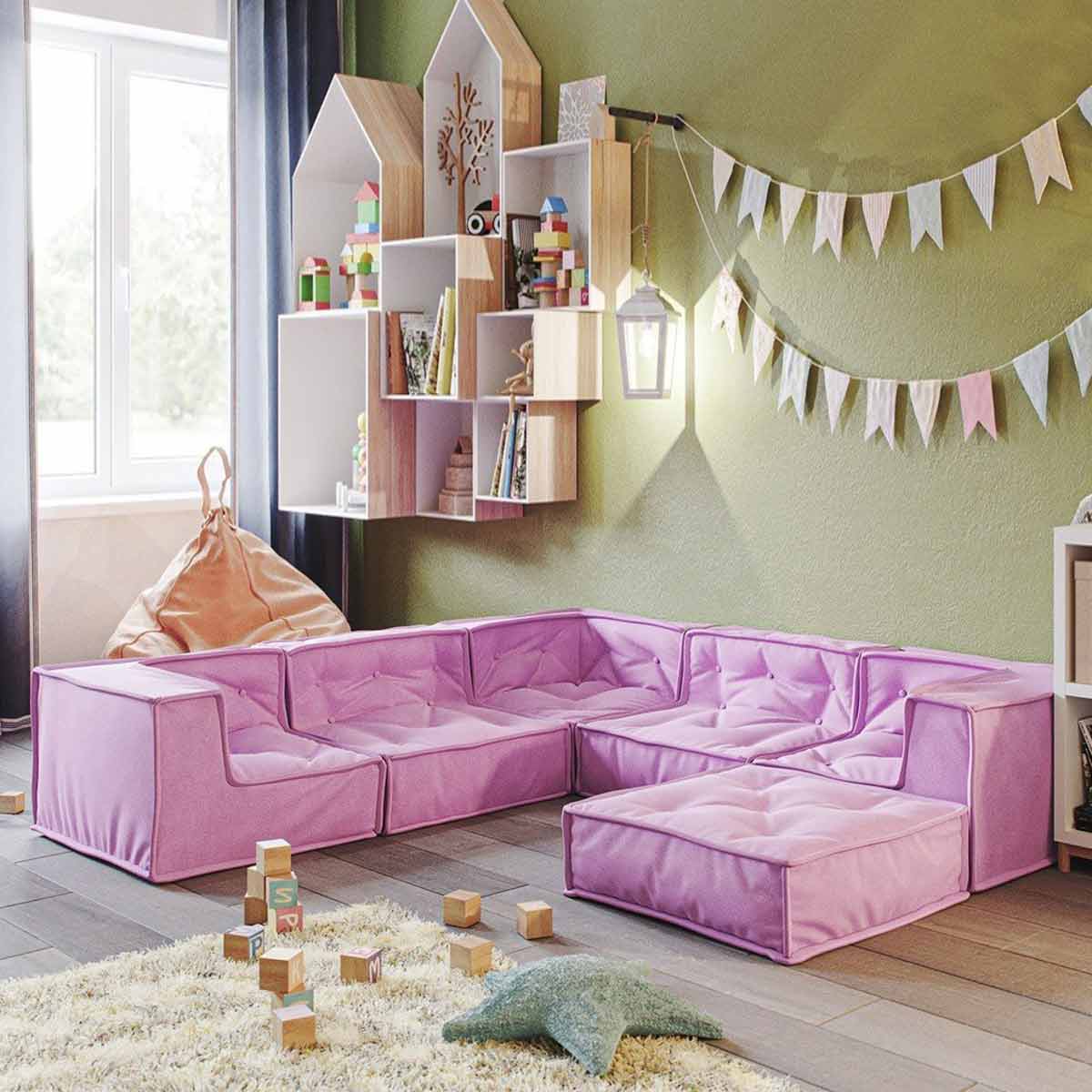 Nature Kid Kindersitzecke Kuschelsofa rosa 6teilig mit anti-rutsch Unterboden