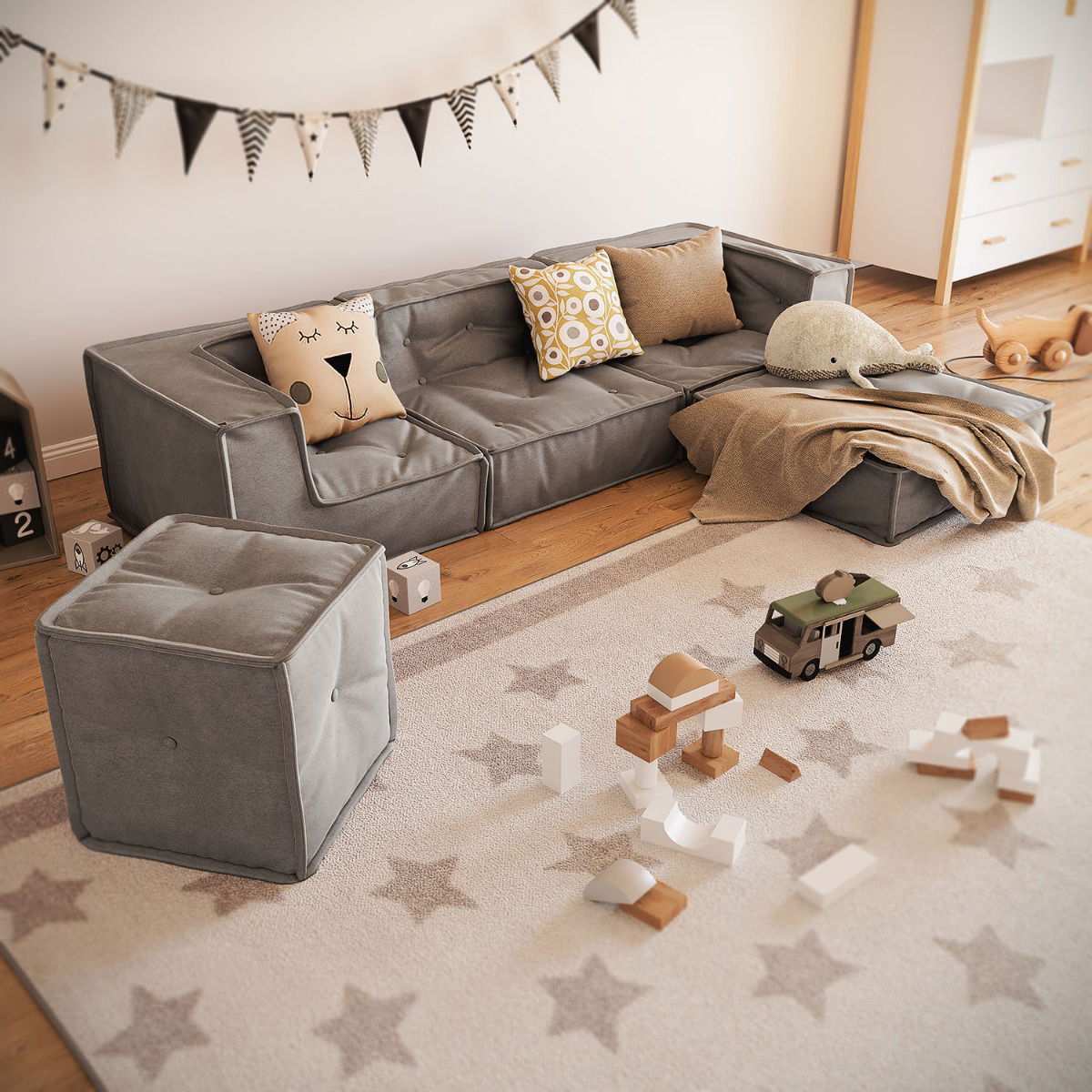 Nature Kid Kindersitzecke Kuschelsofa grau 5teilig mit anti-rutsch Unterboden