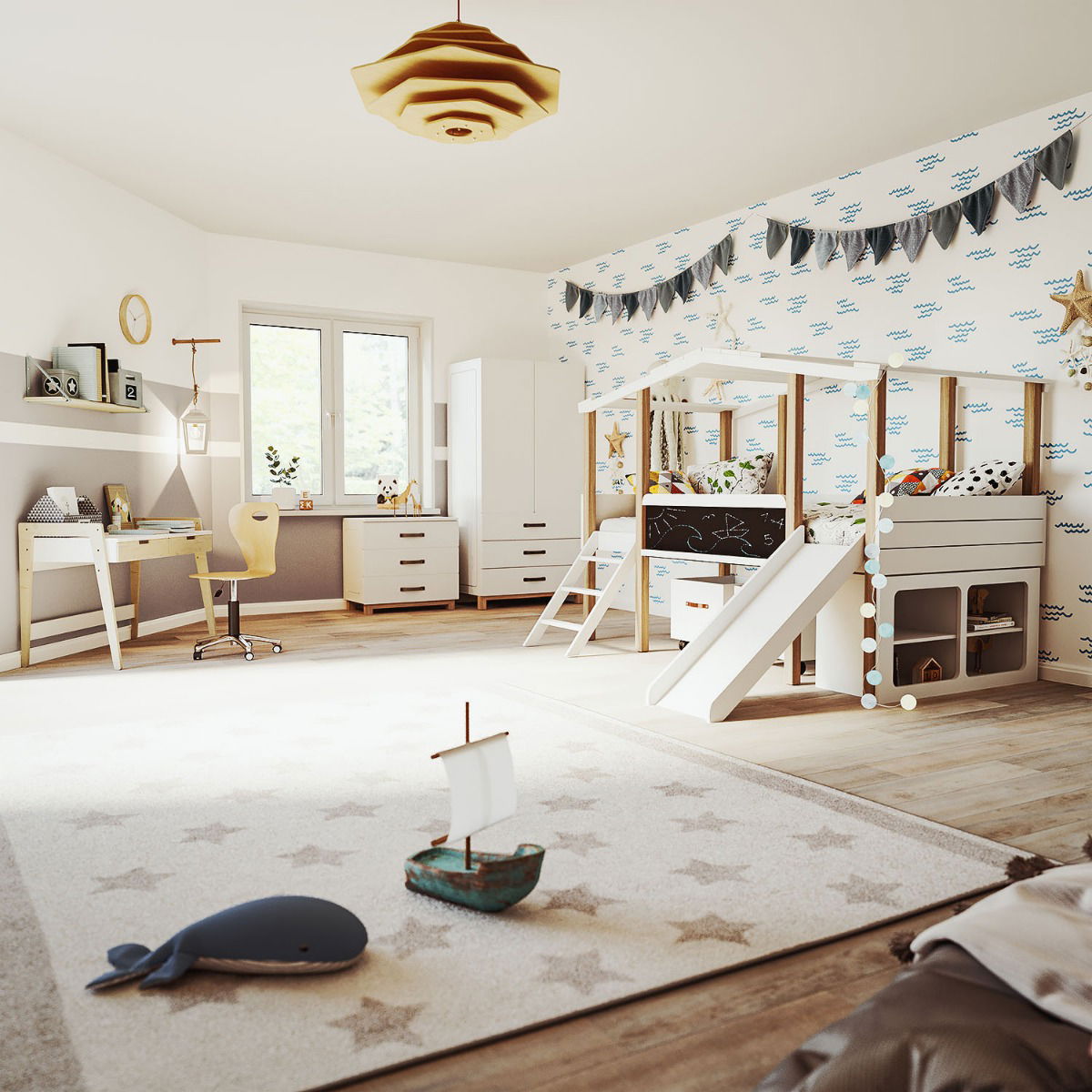 Nature Kid Cory Kinderzimmer weiß/natur 8-teilig mit Hausbett 90 x 200 cm, Dach & Schreibtisch
