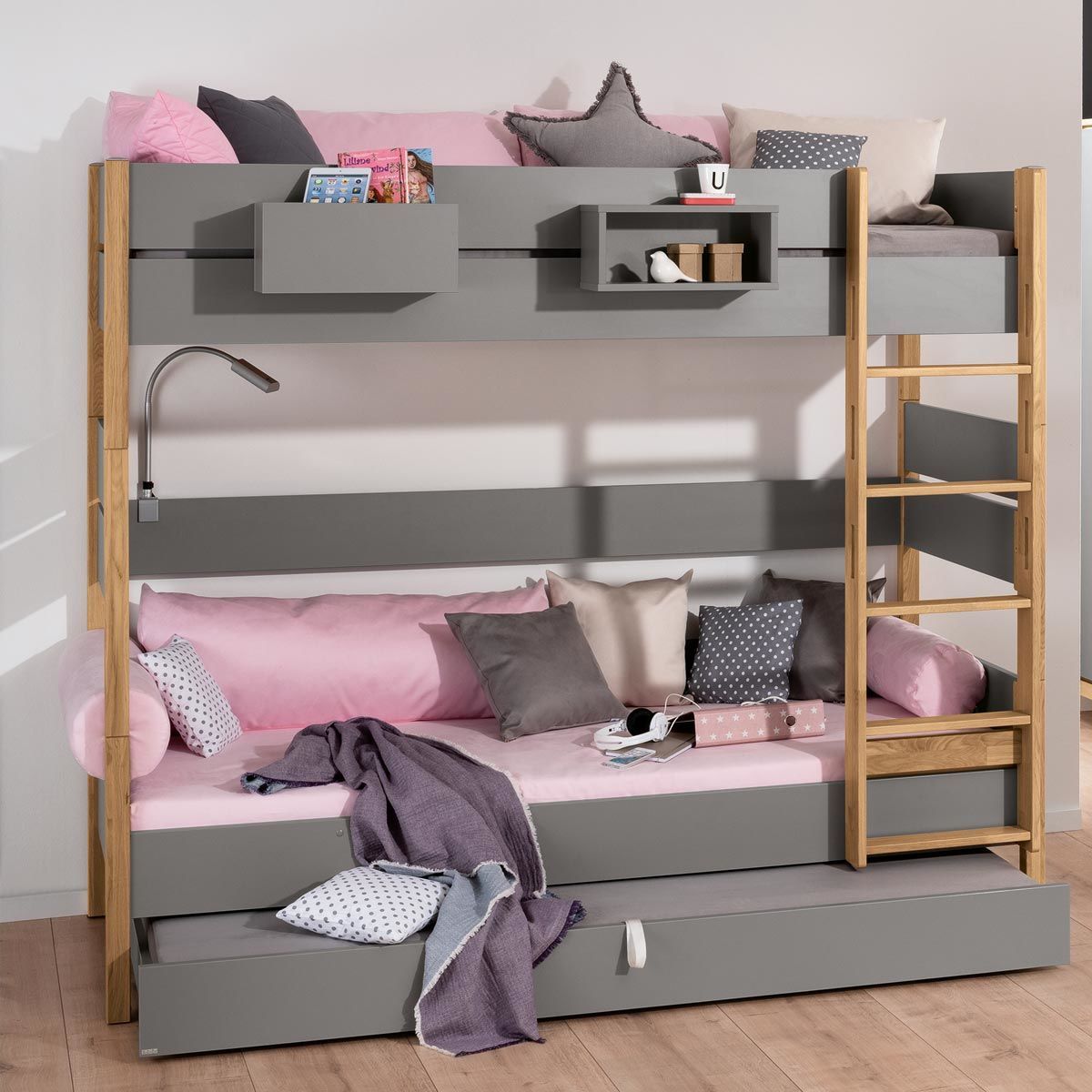 Paidi Sten Etagenbett 160 cm Eiche/schiefergrau gerade Leiter quadratische Bettpfosten 90x200 cm