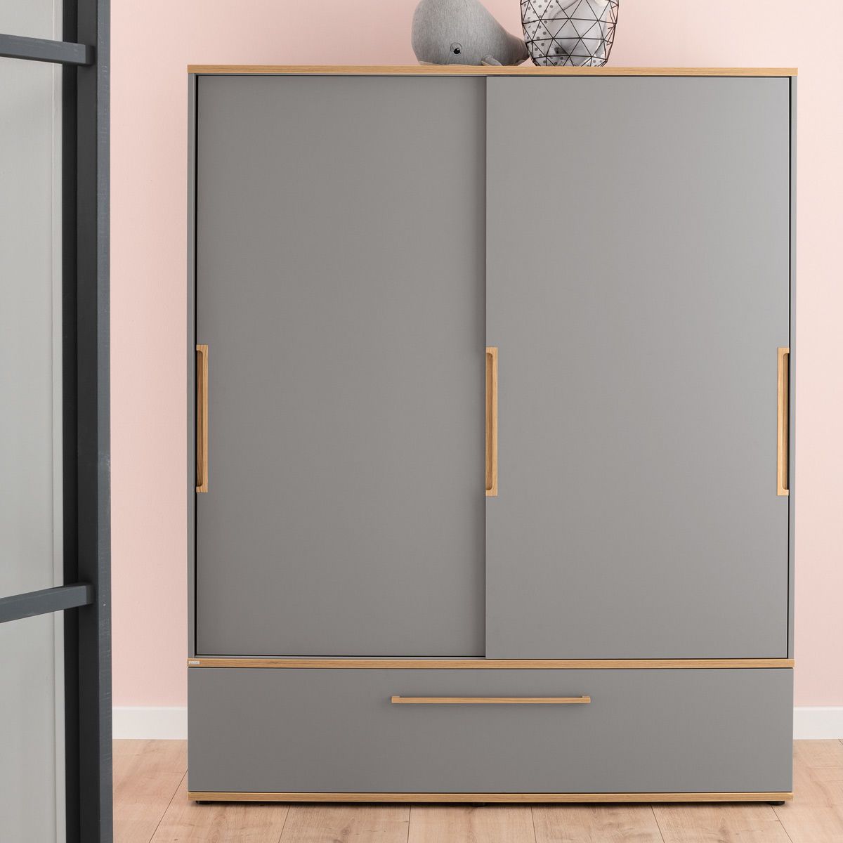 Paidi Sten Schiebetürenschrank breit schiefergrau/Eiche massiv