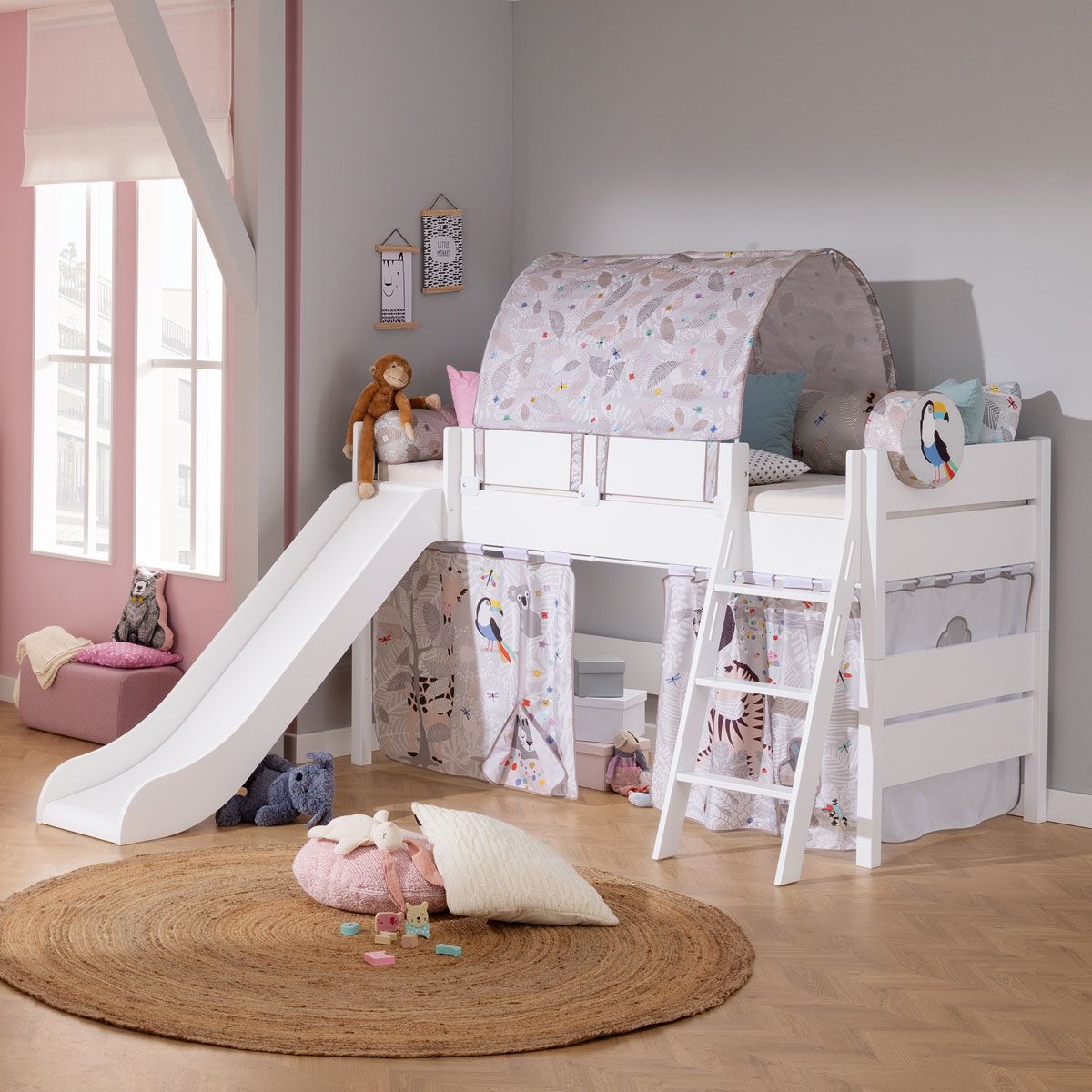 Paidi Tiago Spielbett mit Rutsche 120 cm kreideweiß schräge Leiter 90x200 cm