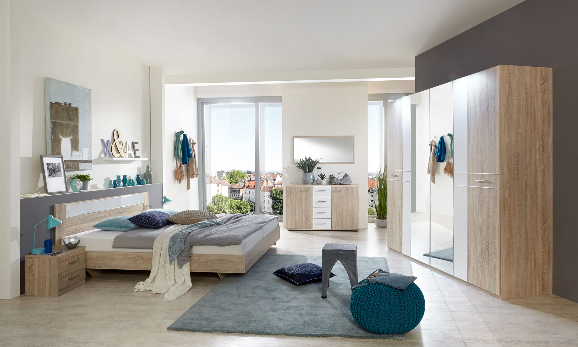 Wimex Pamela Schlafzimmer mit Kleiderschrank 225 cm & Bett 160 x 200 cm Eiche sägerau-Nachbildung/Weiß