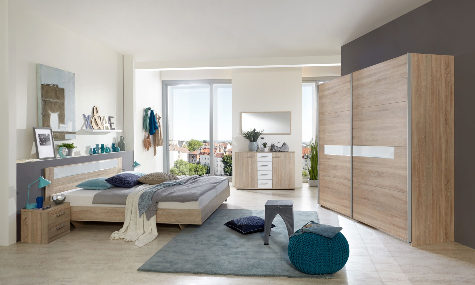 Wimex Pamela Schlafzimmer mit Schwebetürenschrank 270 cm & Bett 180 x 200 cm Eiche sägerau-Nachbildung/Weiß