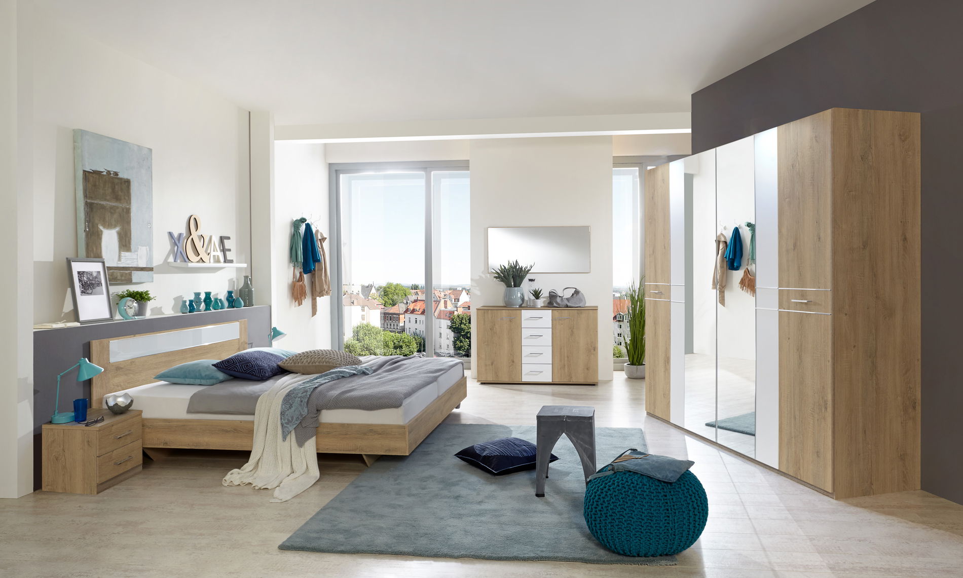 Wimex Pamela Schlafzimmer mit Kleiderschrank 225 cm & Bett 160 x 200 cm Plankeneiche-Nachbildung/Weiß