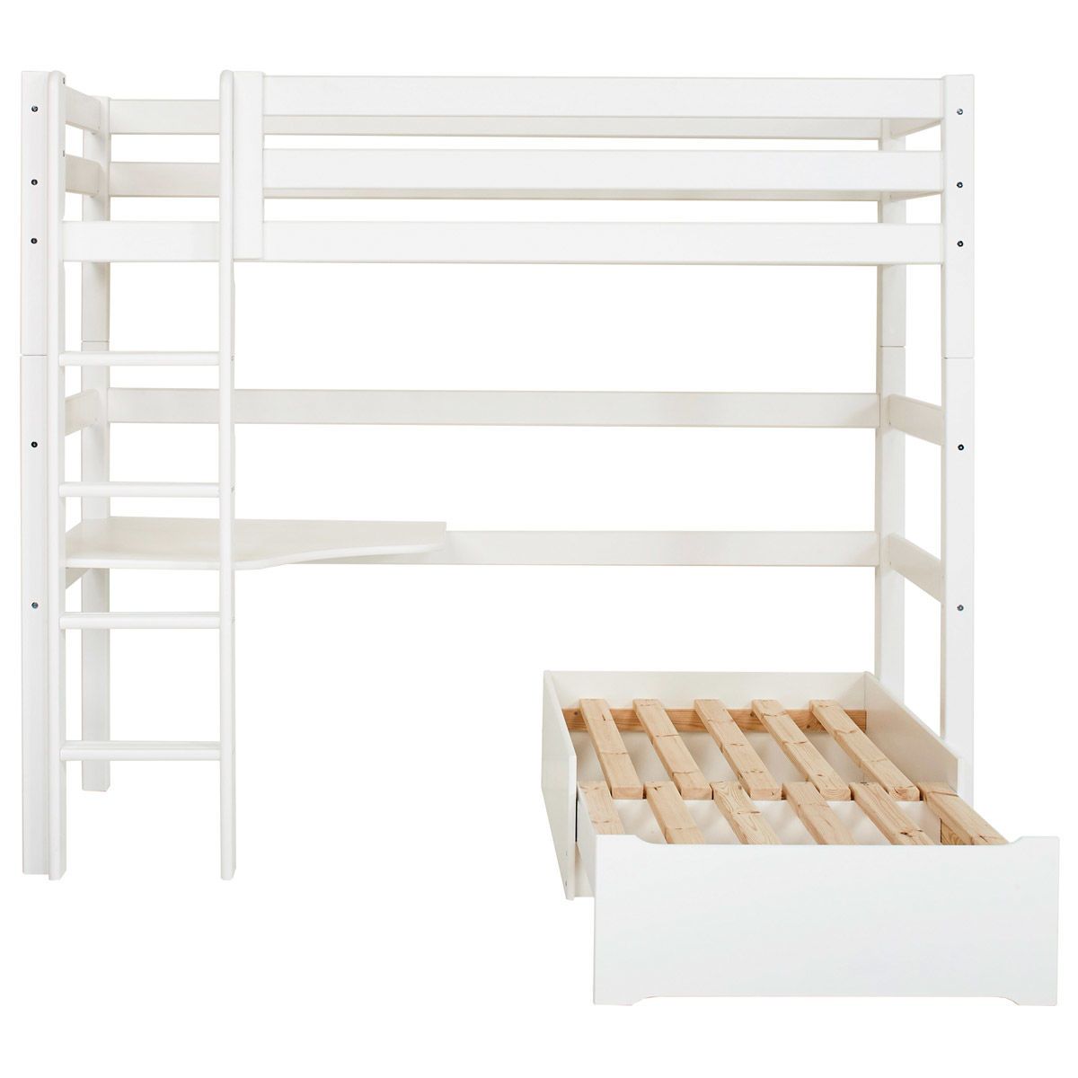 Hoppekids Hochbett ECO Luxury 90x200 cm mit gerader Leiter, Tischplatte & Lounge-Ecke