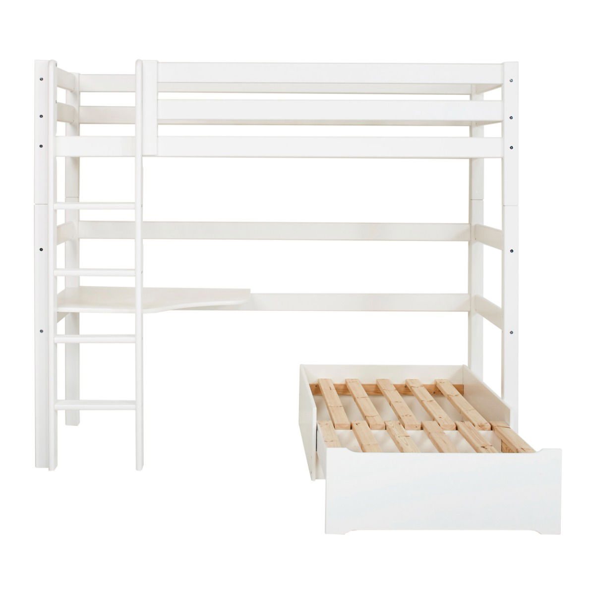 Hoppekids ECO Luxury MEGA Hochbett 90x200cm mit Lounge-Modul und Schreibtisch Flexibler Lattenrost Weiß