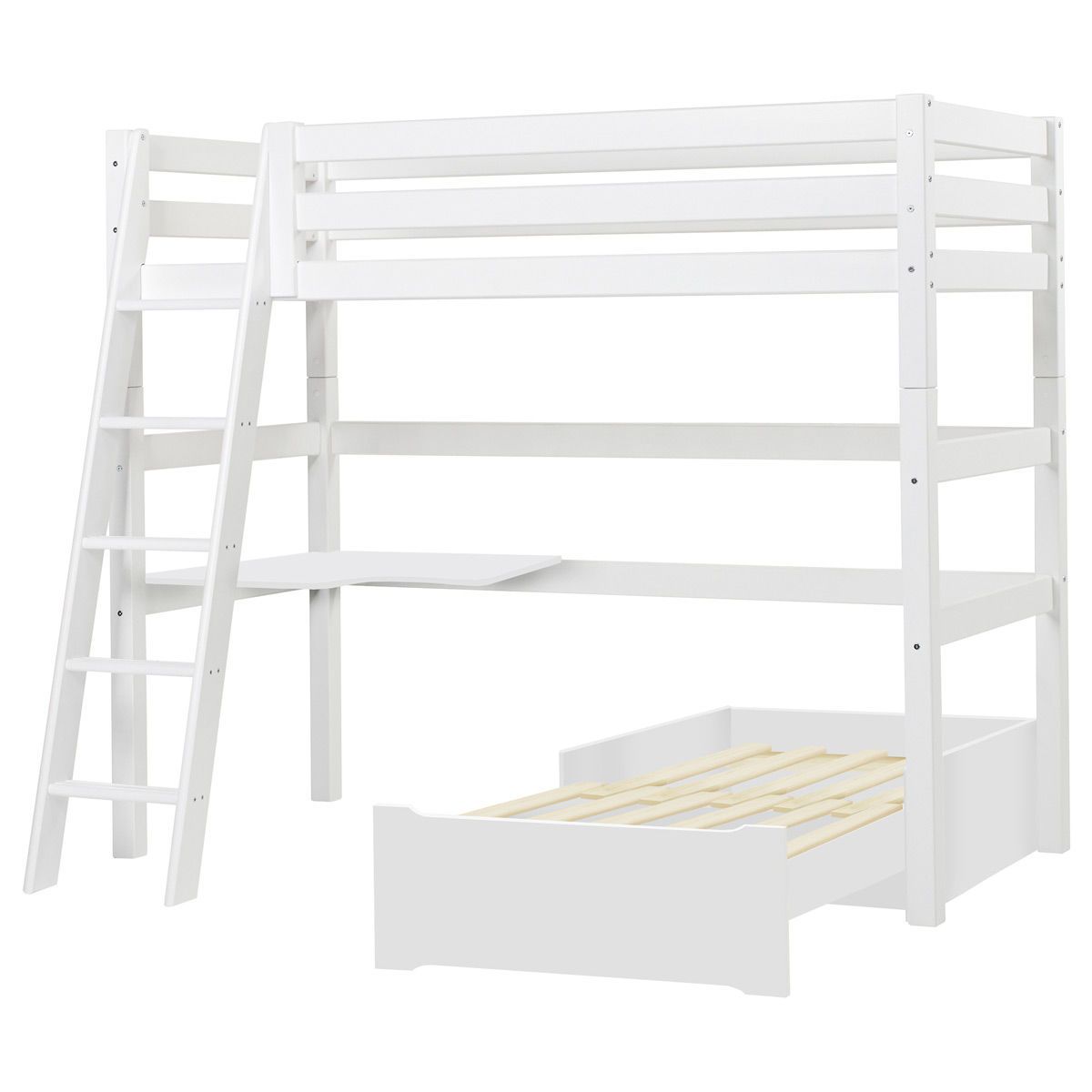 Hoppekids Hochbett ECO Luxury 90x200 cm mit schräger Leiter, Tischplatte & Lounge-Ecke