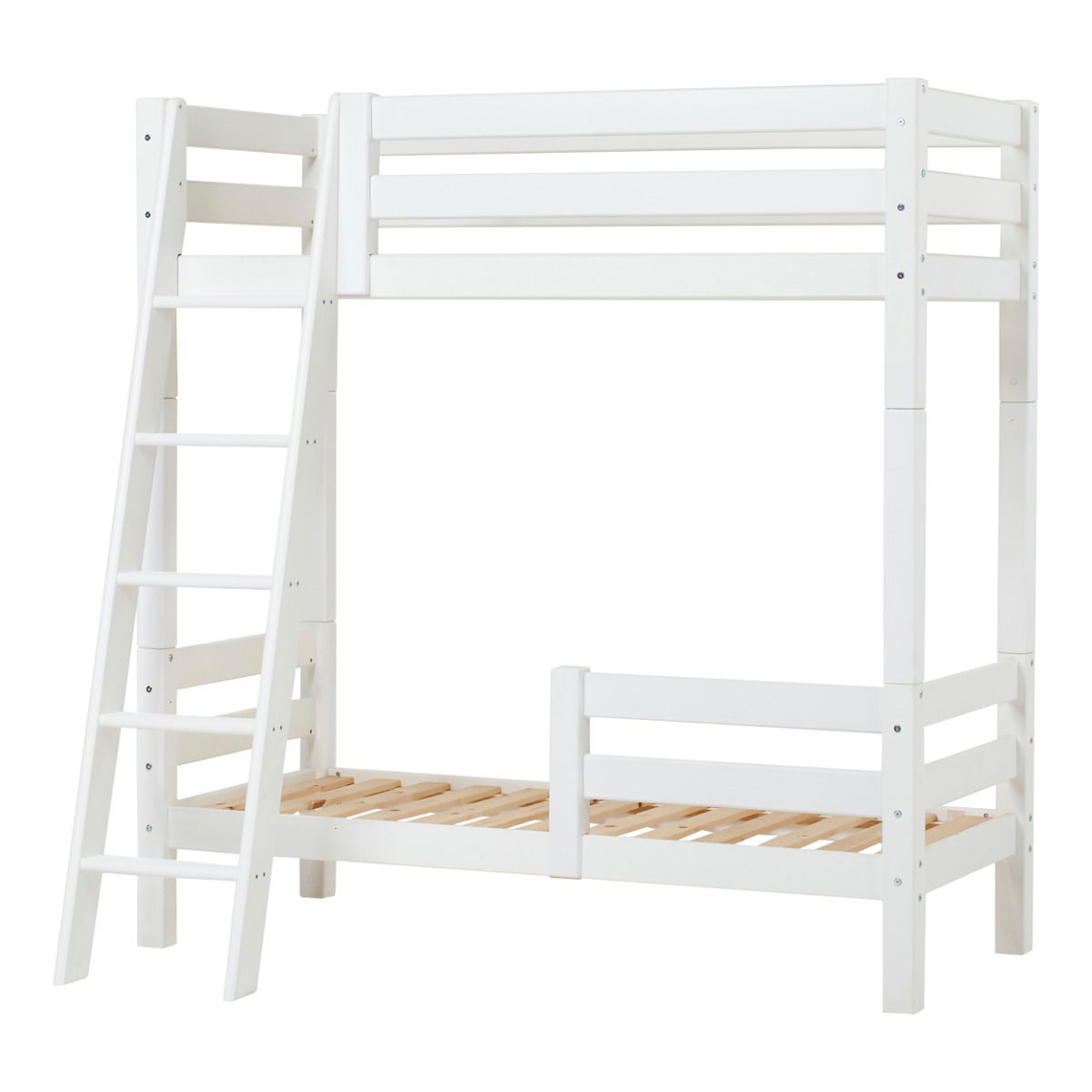 Hoppekids ECO Luxury Hohes Etagenbett in 70x160 cm mit schräger Leiter und zusätzlicher Absturzsicherung unten Weiß
