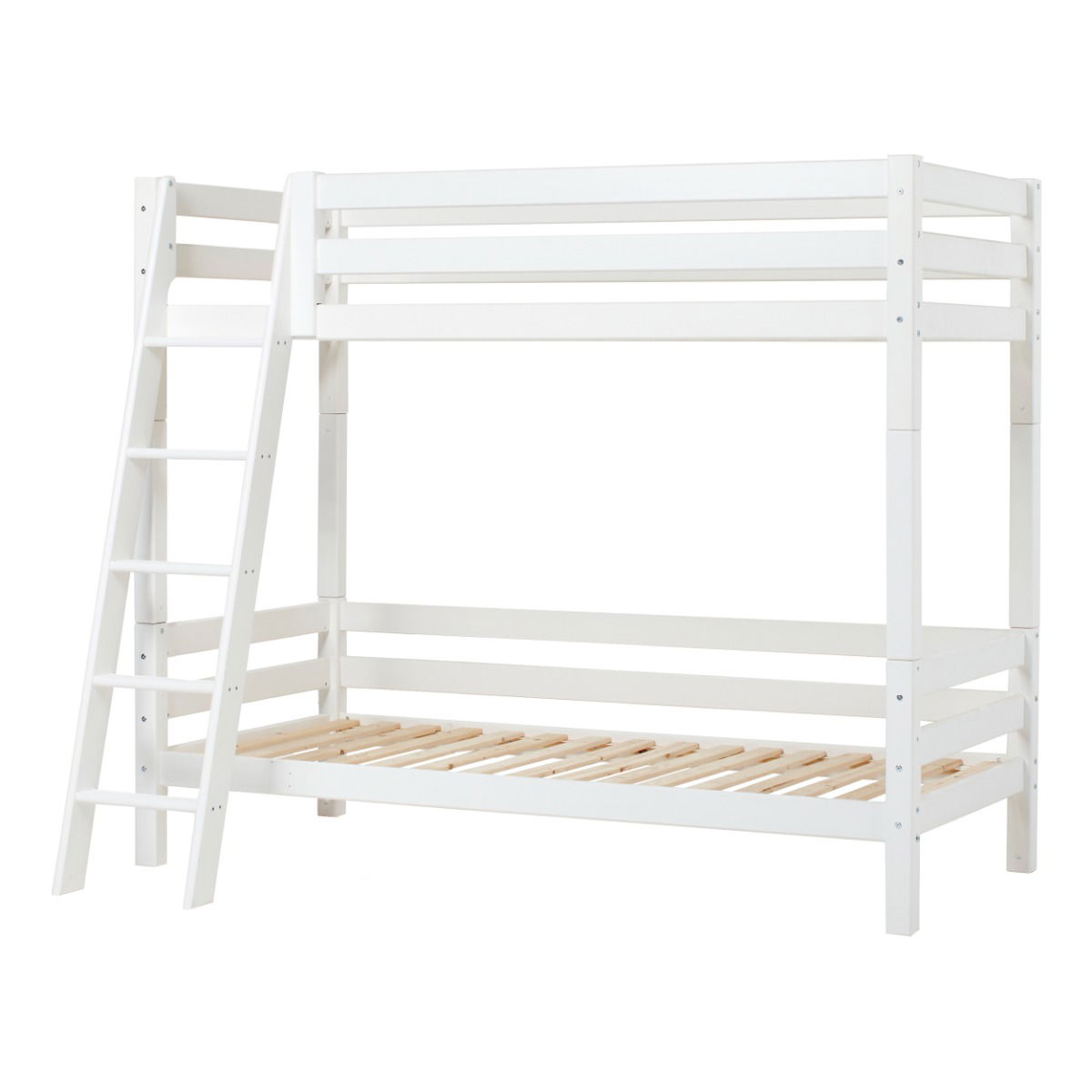 Hoppekids ECO Luxury Hohes Etagenbett mit schräger Leiter Rausfallschutz und Liegefläche 90 x 200 cm Weiß