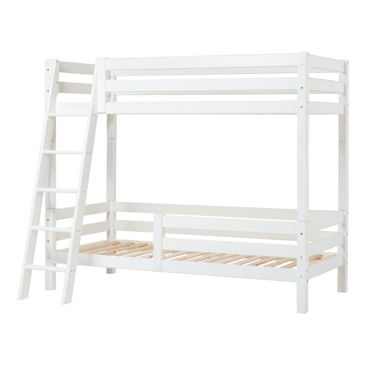 Hoppekids ECO Luxury Hoch-Etagenbett mit schräger Leiter Rausfallschutz in voller Breite Rausfallschutz 1/2 und Liegfläche 90x200cm für Einlegelattenrost - weiß