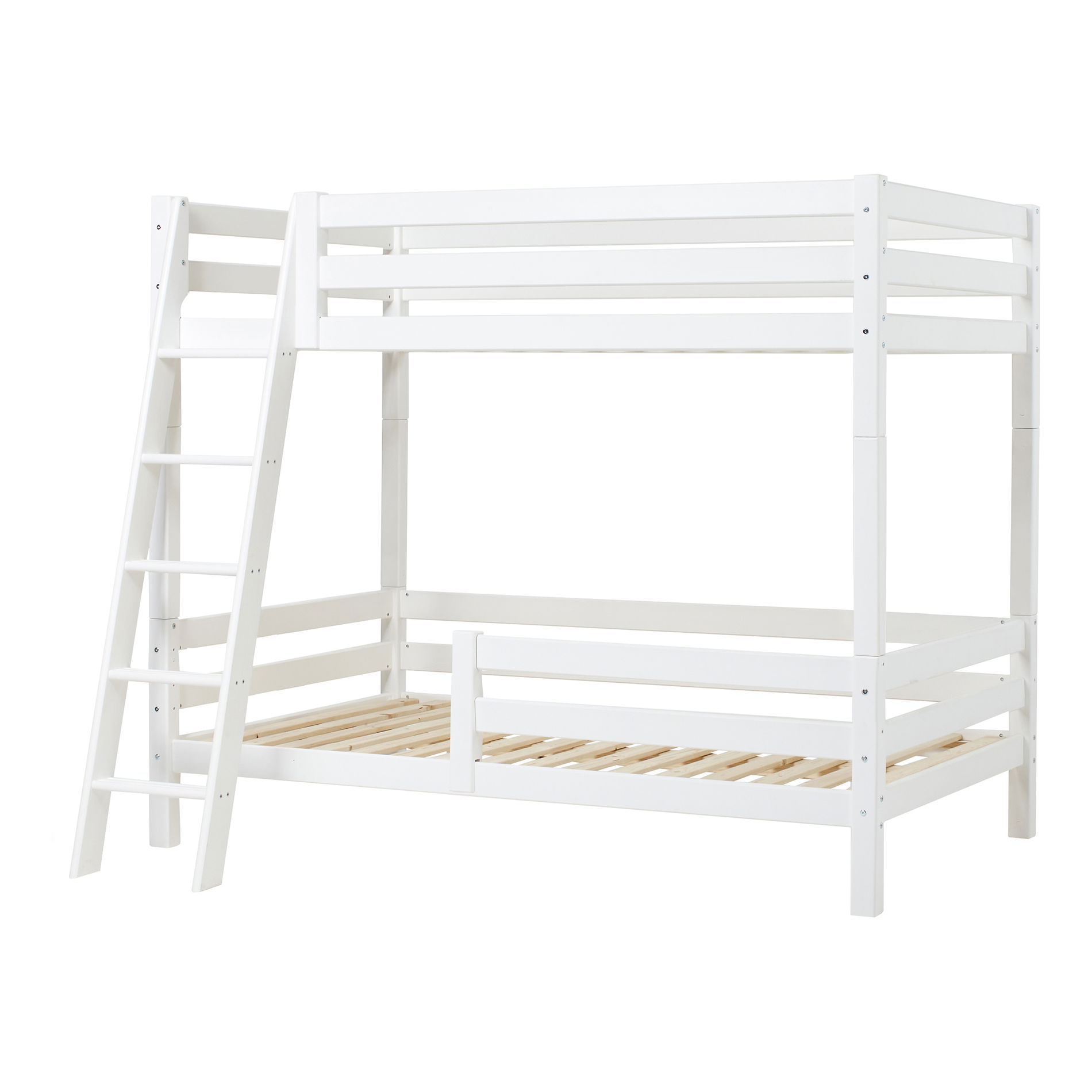 Hoppekids ECO Luxury Hohes Etagenbett in 120x200 cm mit schräger Leiter Rausfallschutz in voller Breite und Rausfallschutz 1/2 Weiß