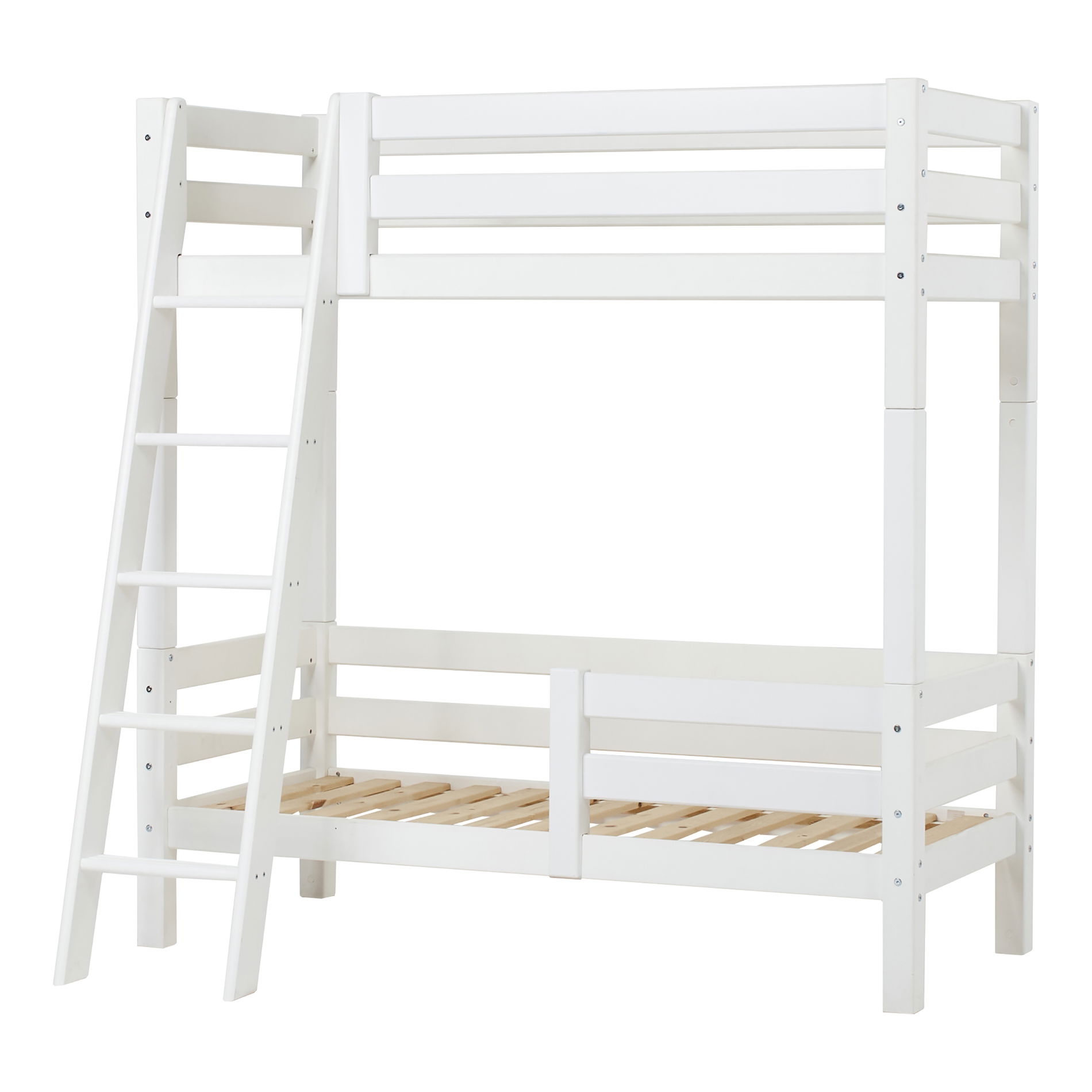 Hoppekids ECO Luxury Hohes Etagenbett in 70x160 cm mit schräger Leiter Rausfallschutz in voller Breite und Rausfallschutz 1/2 Weiß