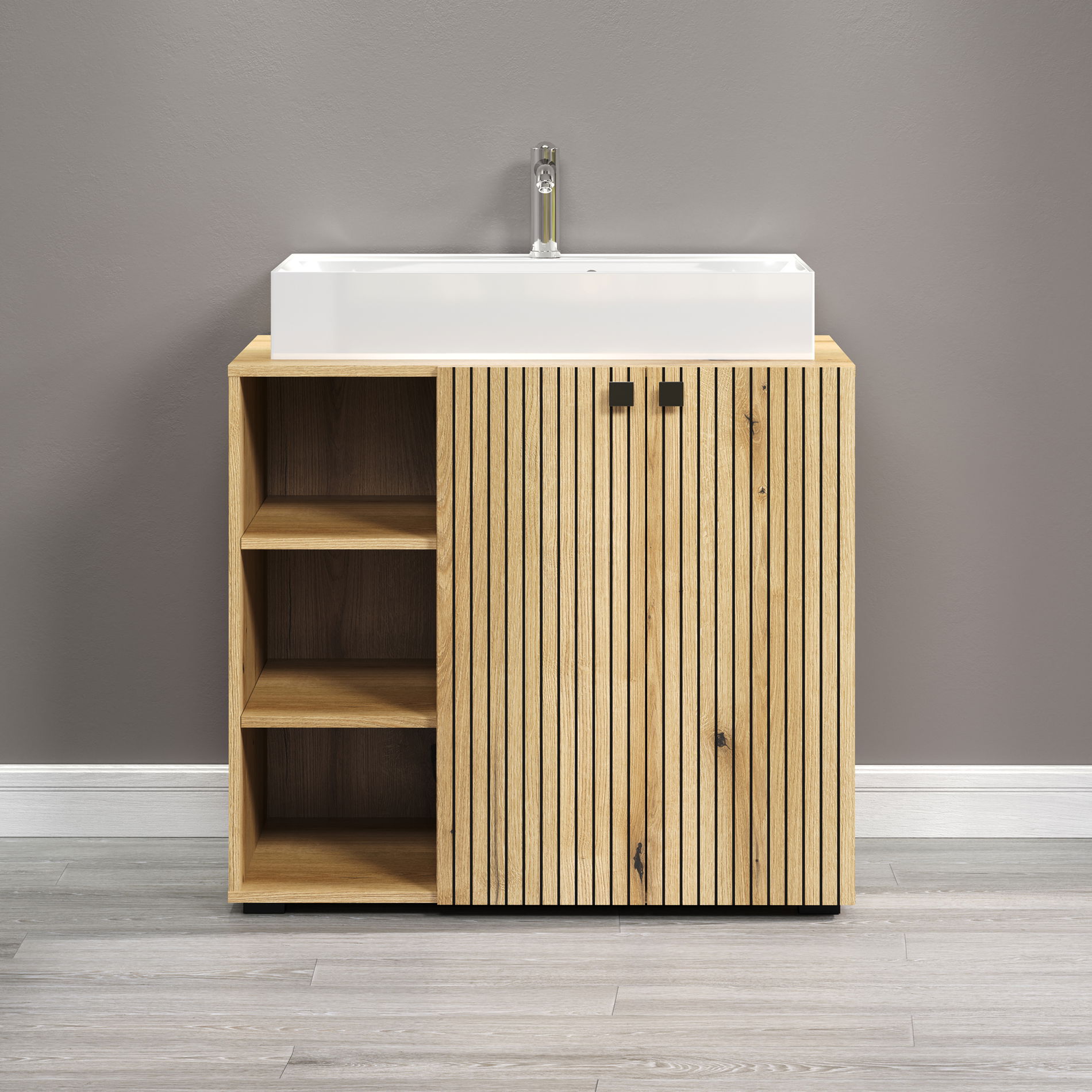 trendteam Pure Bliss Waschbeckenunterschrank mit Aufsatzwaschbecken Evoke Eiche