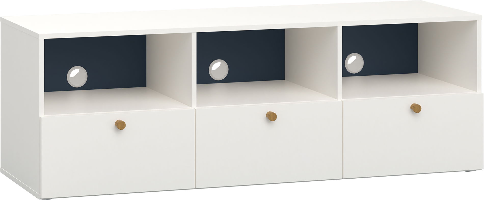 Vox RELI - Schrank RTV breit mit Eichengriff / Alabasterweiß, Indigo