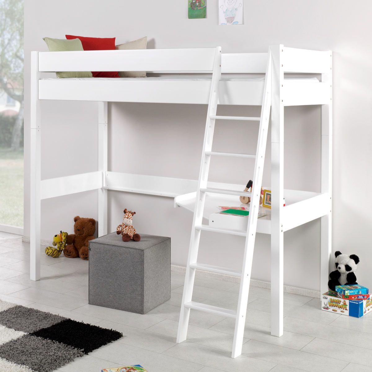 Relita RENATE Hochbett Buche massiv weiß inklusive Schreibtisch, zum Einzelbett umbaubar