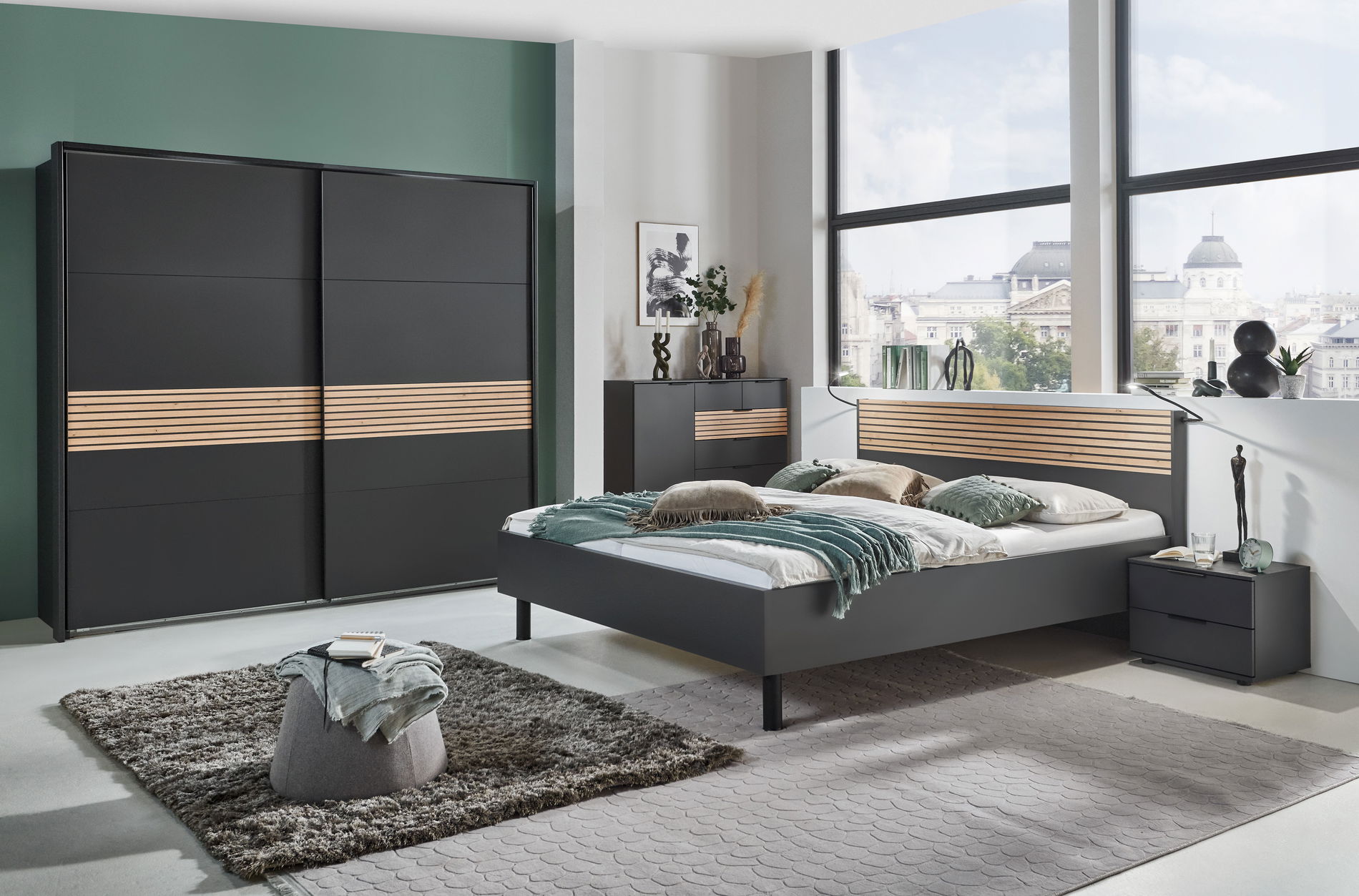 Wimex Rotterdam Schlafzimmer mit Bett 160 x 200 cm Grafit/Artisan-Eiche-Nachbildung