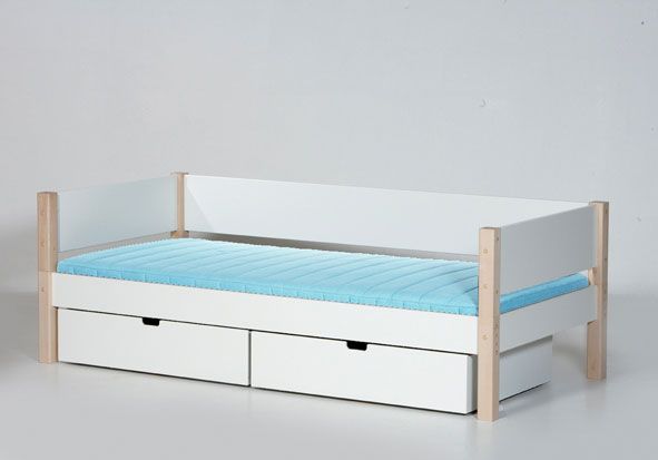 Manis-h Einzelbett SIF 90x200 cm Pfosten Buche incl. Sicherung, Bettkästen & Lattenrost ( Farbe Bett: Snow White / -11, Snow White / -11)