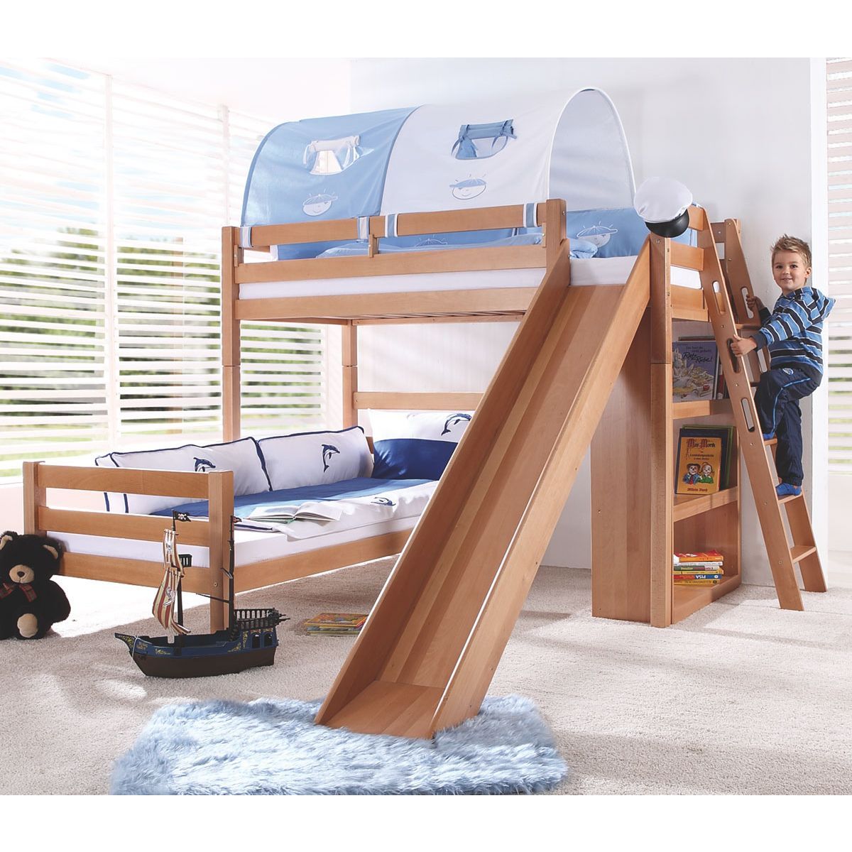 Relita SKY Etagenbett Buche massiv Natur inkl. Regal & Rutsche - zu 2 Einzelbetten umbaubar