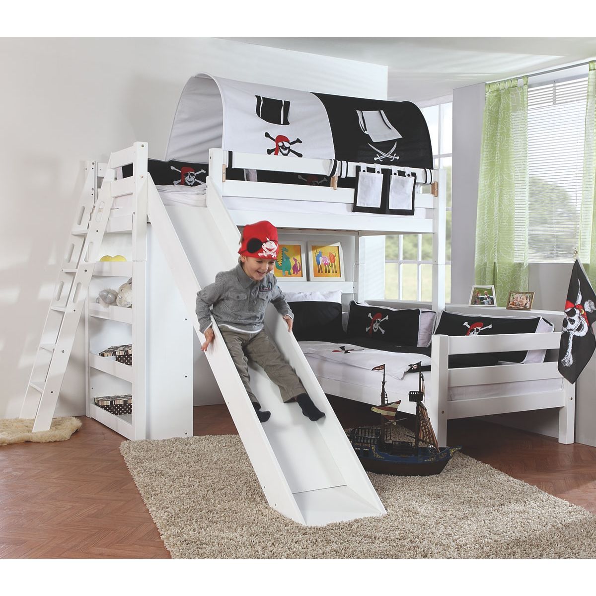 Relita SKY Etagenbett Buche massiv weiß inkl. Regal & Rutsche - zu 2 Einzelbetten umbaubar