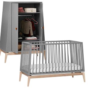 Leander Luna Kinderzimmer Sparset grau/eiche Babybett und Kleiderschrank konfigurierbar
