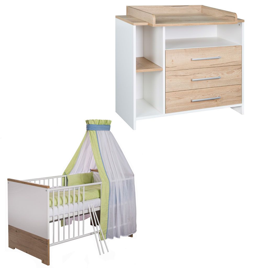 Schardt Eco Plus Sparset inkl. Umbauseiten Wickelkommode & Kinderbett - weiß/Halifax Eiche