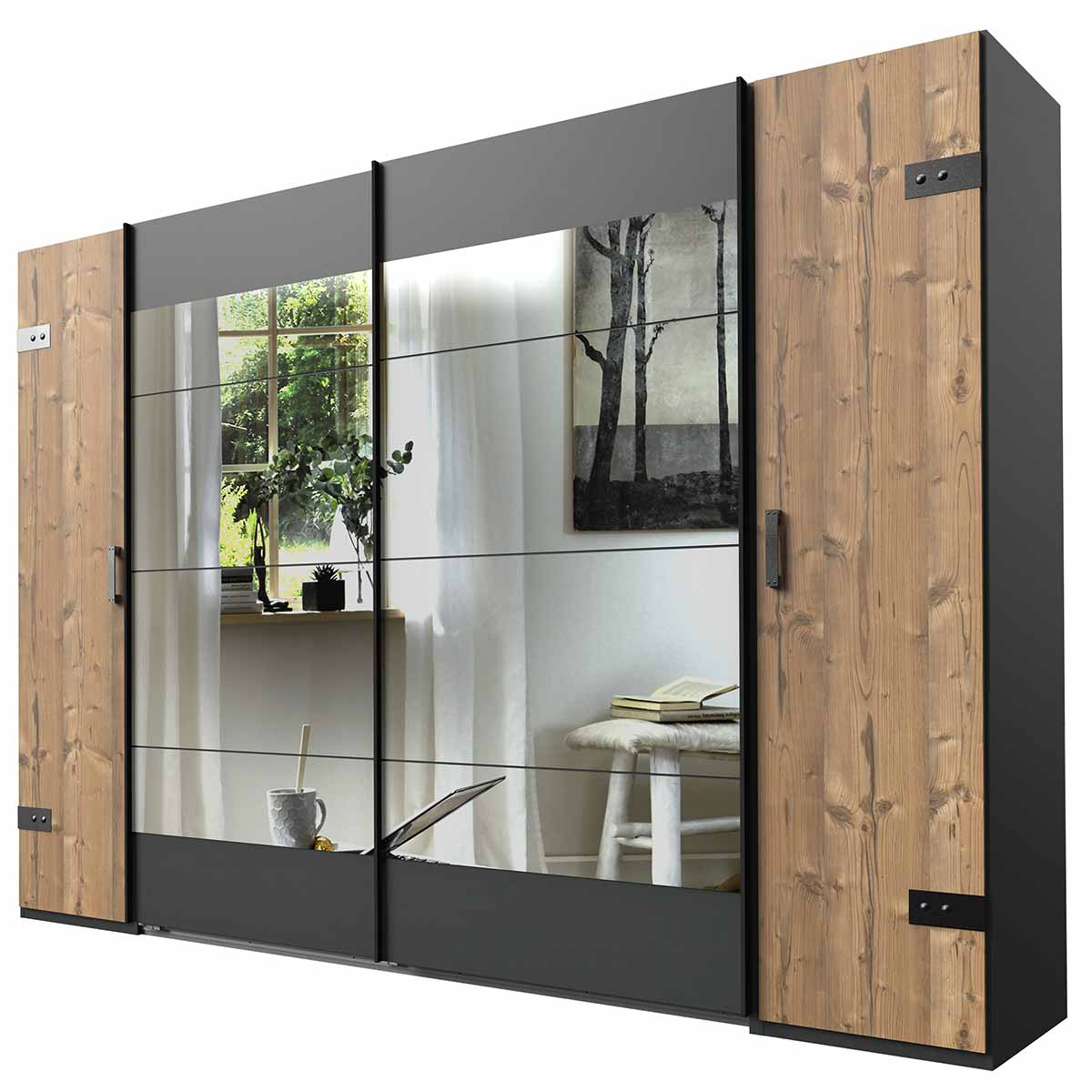 Wimex Stockholm Kleiderschrank 272 cm 2 Spiegel Silver Fir Dekor/Graphit