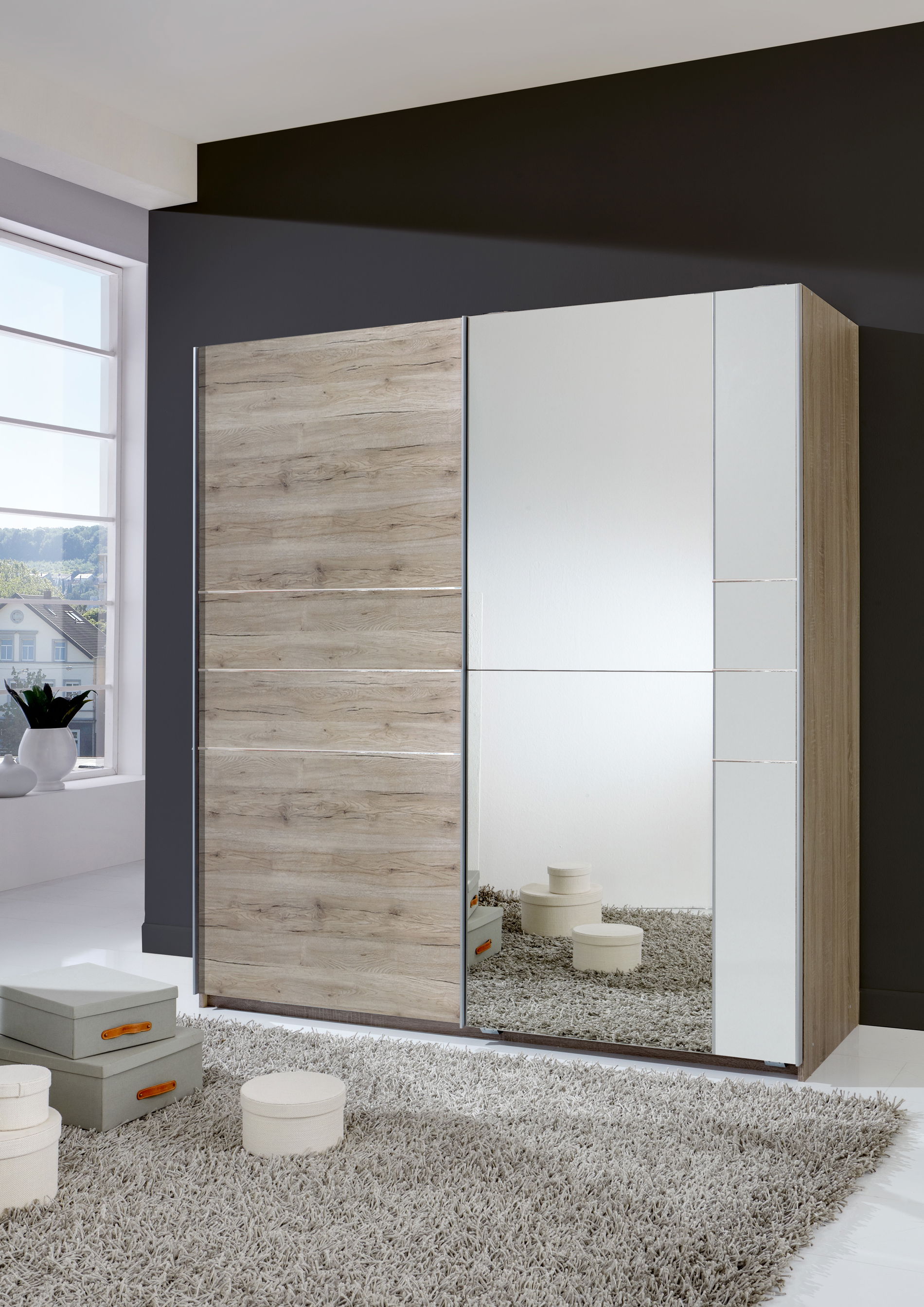 Wimex Stripe Schwebetürenschrank 179 cm San Remo-Eiche-Nachbildung/Weiß