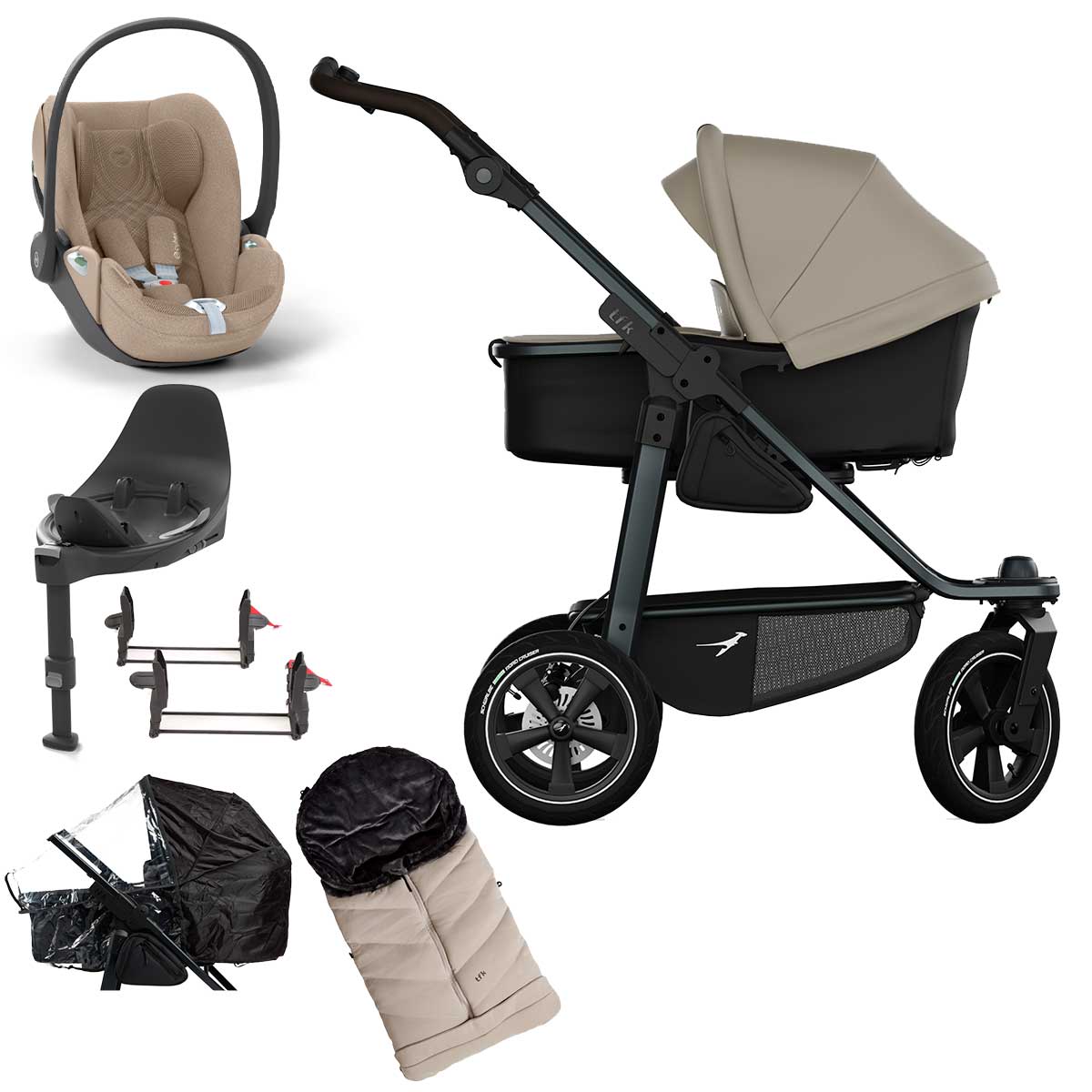 tfk mono3 Kinderwagen Luftrad-Set Bundle sand mit CYBEX Cloud T i-Size Plus