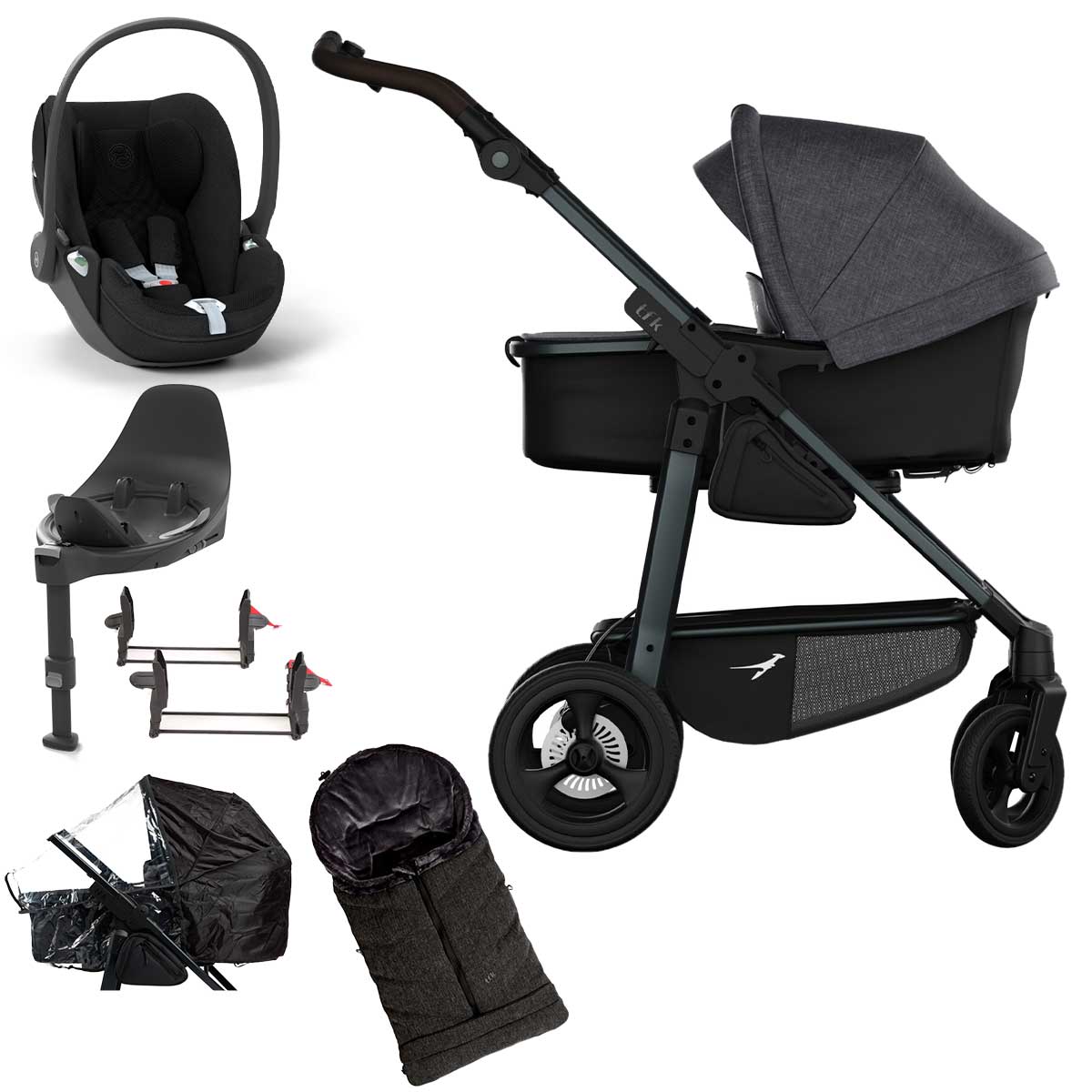 tfk mono4 Kinderwagen mit Cloud T i-Size Plus Bundle Premium schwarz mit Luftkammer-Radset