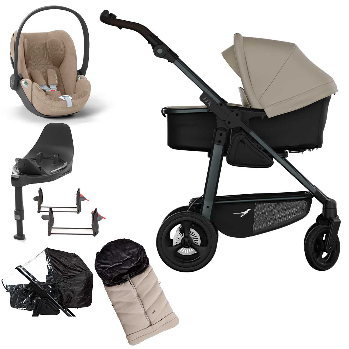 tfk mono4 Kinderwagen mit Cloud T i-Size Plus Bundle sand mit Luftkammer-Radset