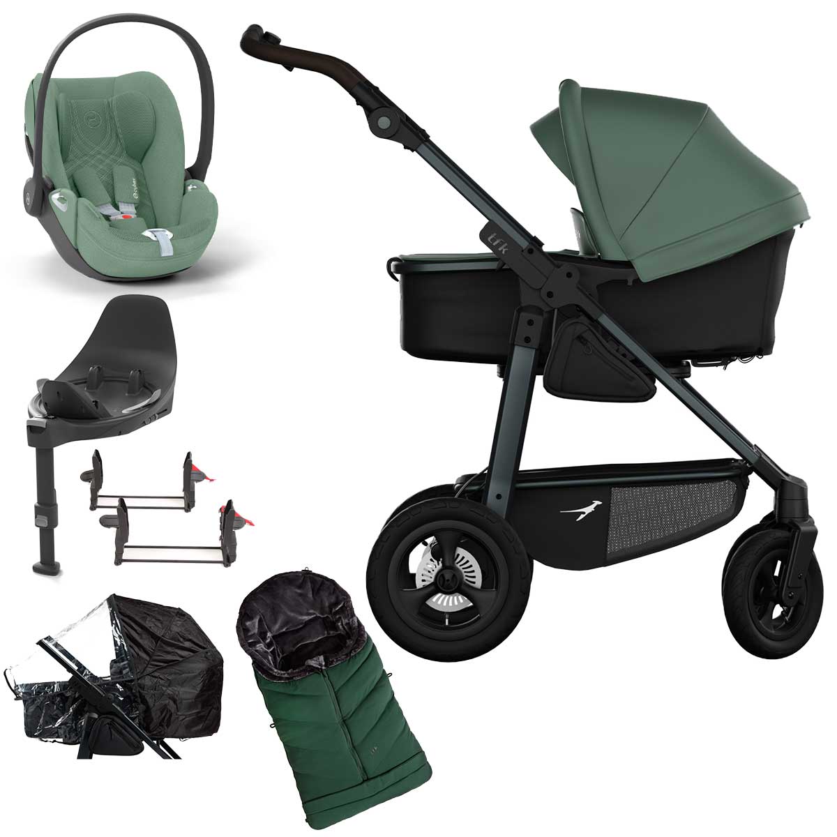 tfk mono4 Kinderwagen Luftrad-Set Bundle olive mit CYBEX Cloud T i-Size Plus