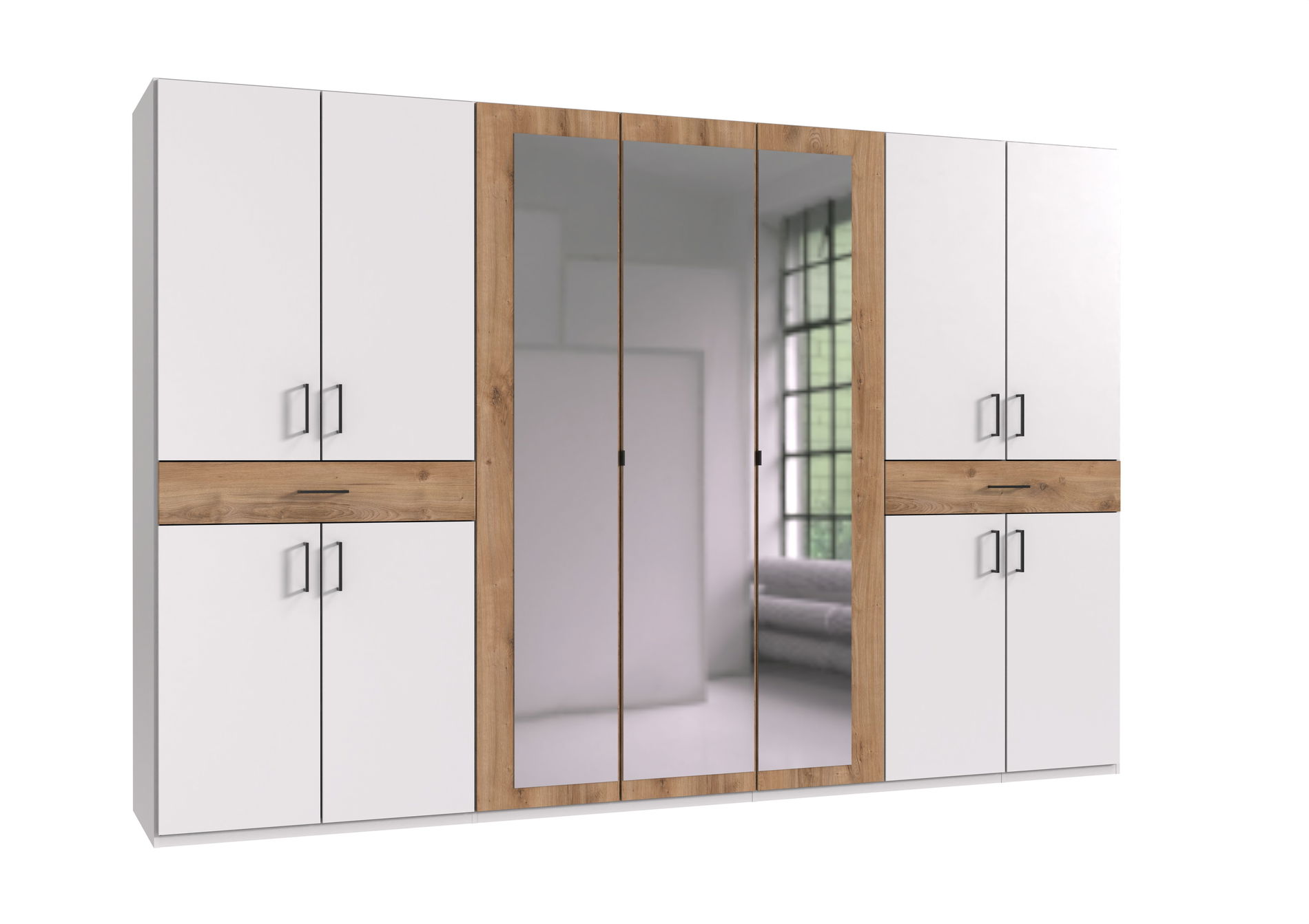 Wimex Tibet Kleiderschrank 313 cm Spiegel Weiß/Plankeneiche-Nachbildung