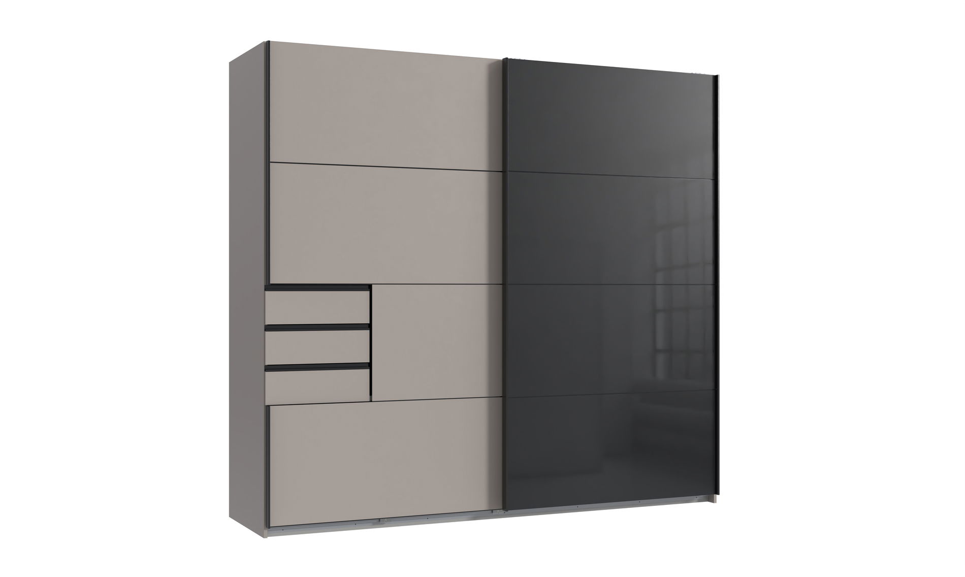 Wimex Tilburg Schwebetürenschrank 225 cm Schubladen Saharagrau/Schwarz/Grafit