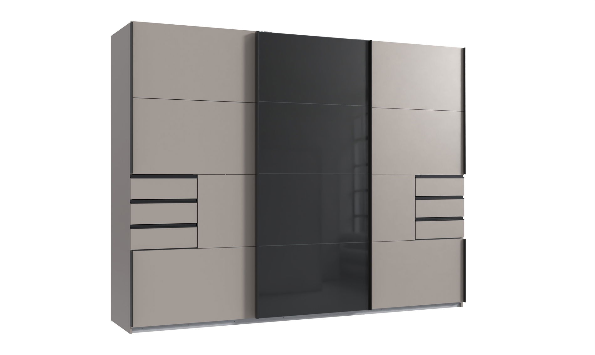 Wimex Tilburg Schwebetürenschrank 270 cm Schubladen Saharagrau/Schwarz/Grafit