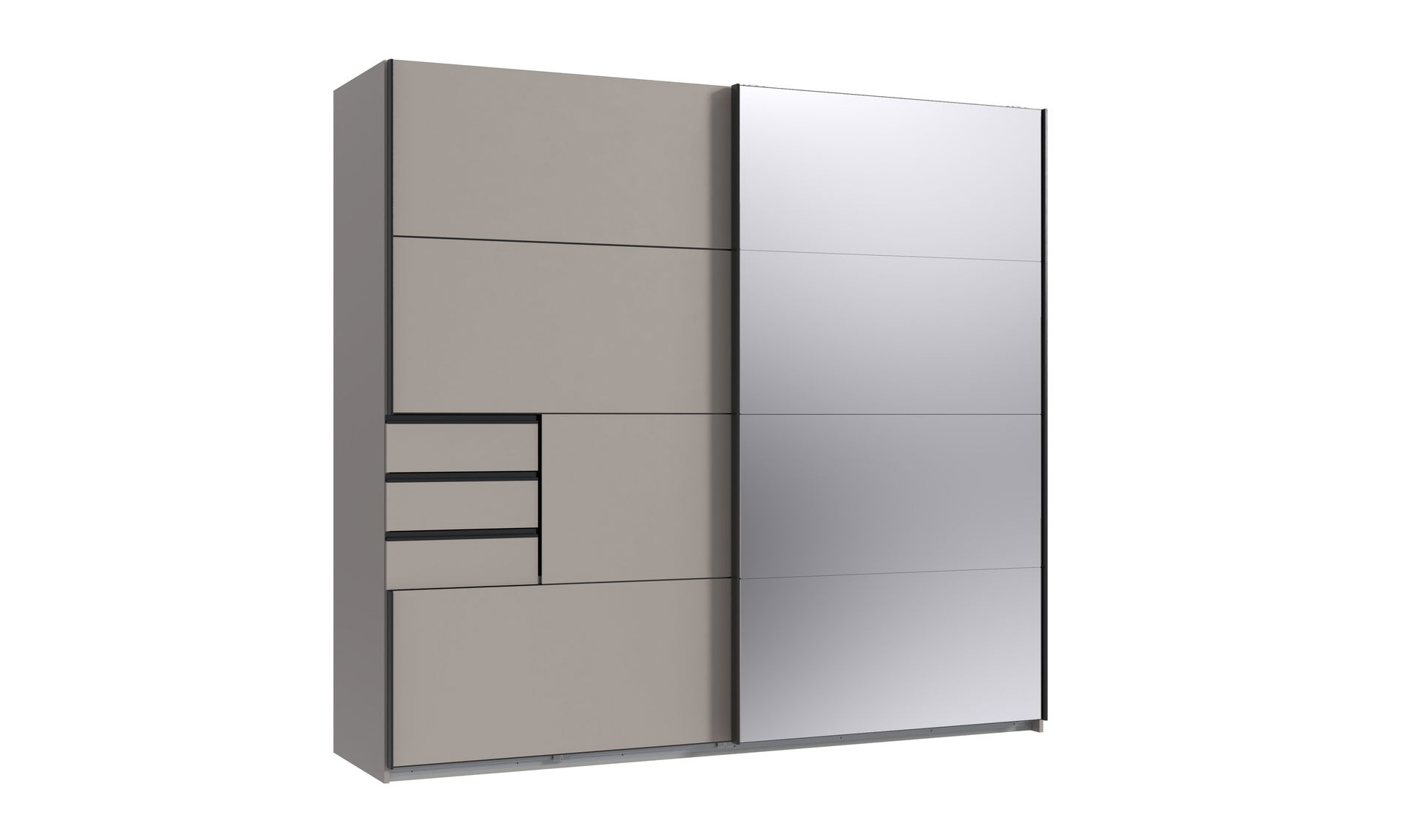 Wimex Tilburg Schwebetürenschrank 225 cm Schubladen Saharagrau/Spiegel/Grafit