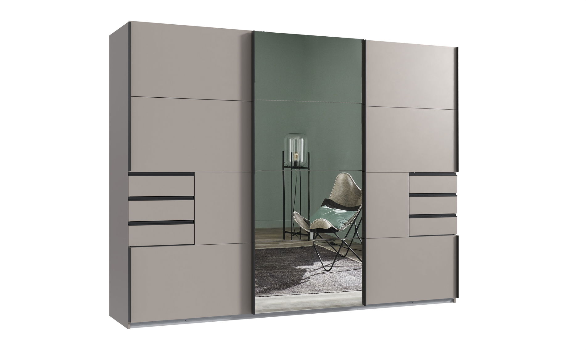 Wimex Tilburg Schwebetürenschrank 270 cm Schubladen Saharagrau/Spiegel/Grafit