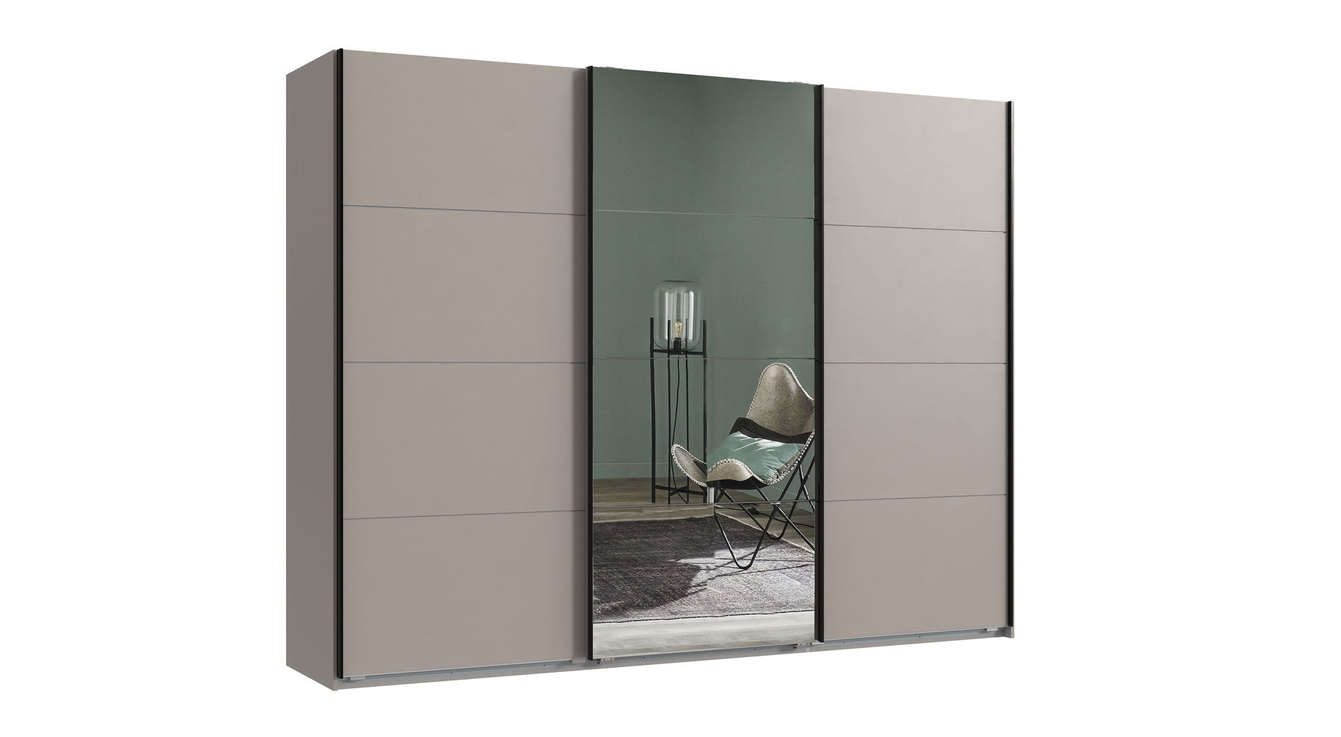 Wimex Tilburg Schwebetürenschrank 270 cm 3 Paneele Saharagrau/Spiegel/Grafit