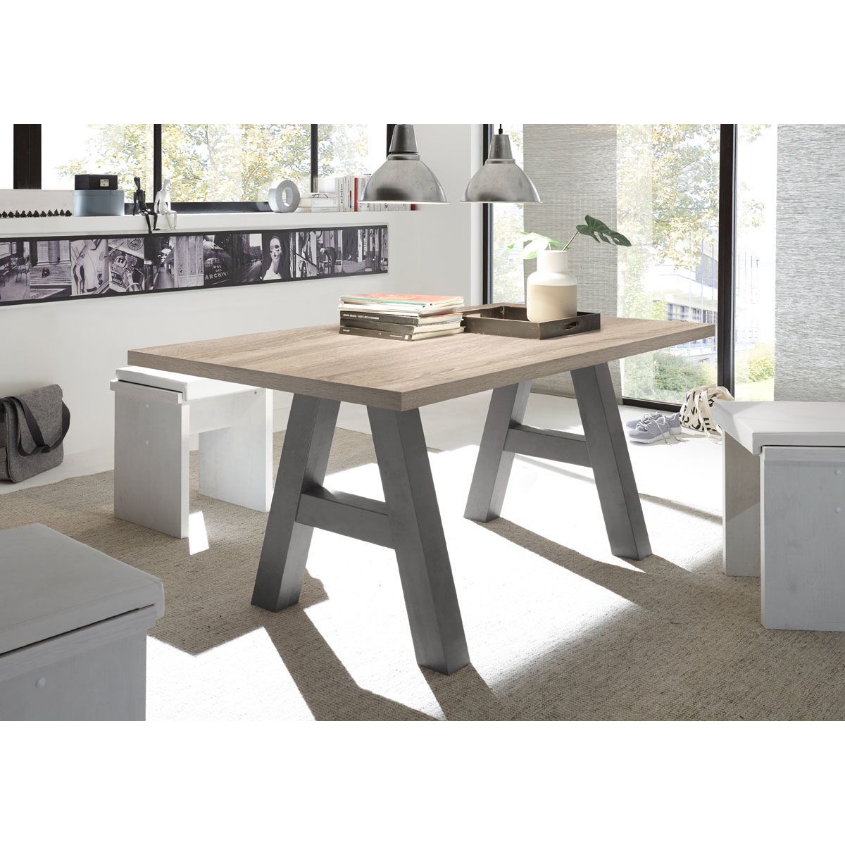 Mäusbacher The Big System Esstisch 160x90 cm Farbe + Gestell wählbar | mit gerader Kante ( Farbe Tischplatte: plankeneiche, Gestell Stahlfuß edelstahloptik)