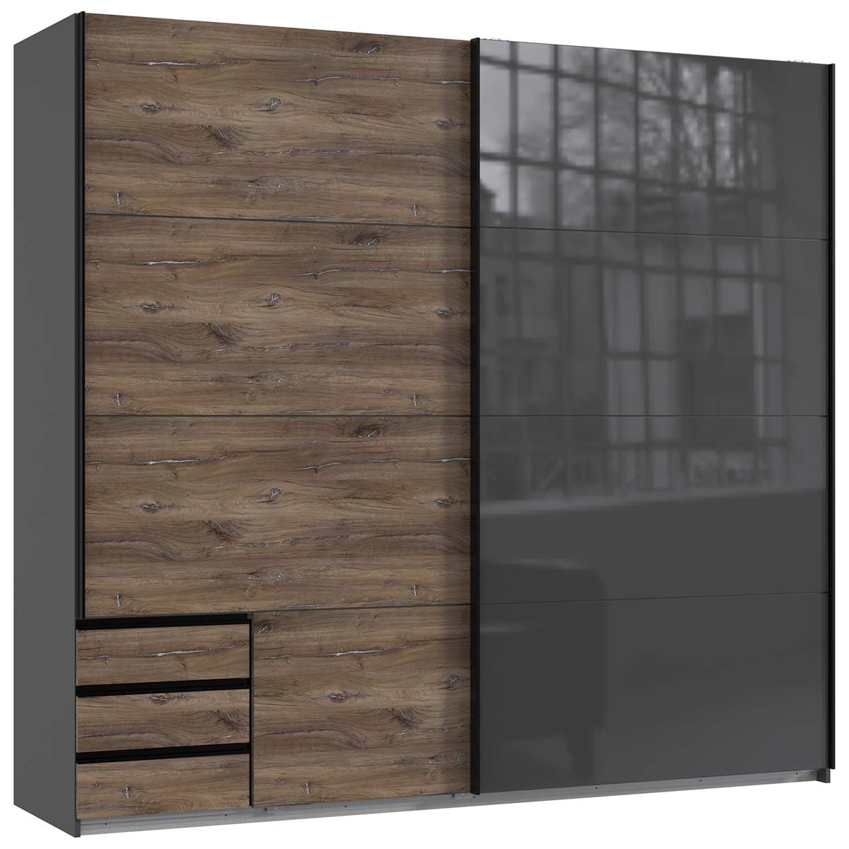 Wimex Valencia Schwebetürenschrank 225 cm 3S Flagstaff-Eiche Dekor/Graphit